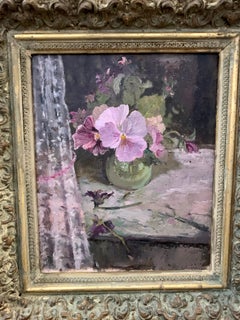 Impressionist English Still life of Pink Pansies in a glass vase on a table top