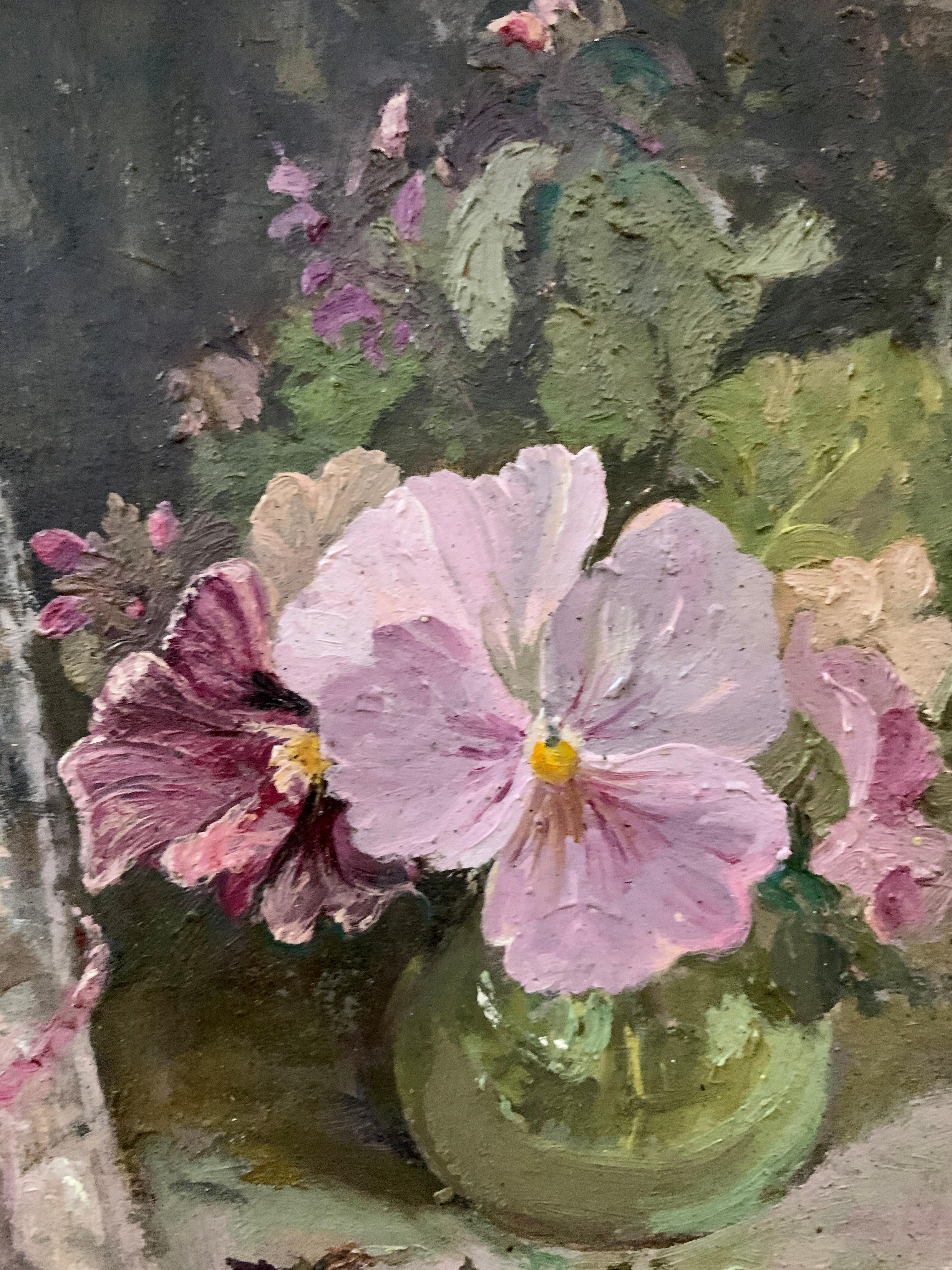 Impressionist English Still life of Pink Pansies in a glass vase on a table top - Gray Still-Life Painting by Keith Johnson