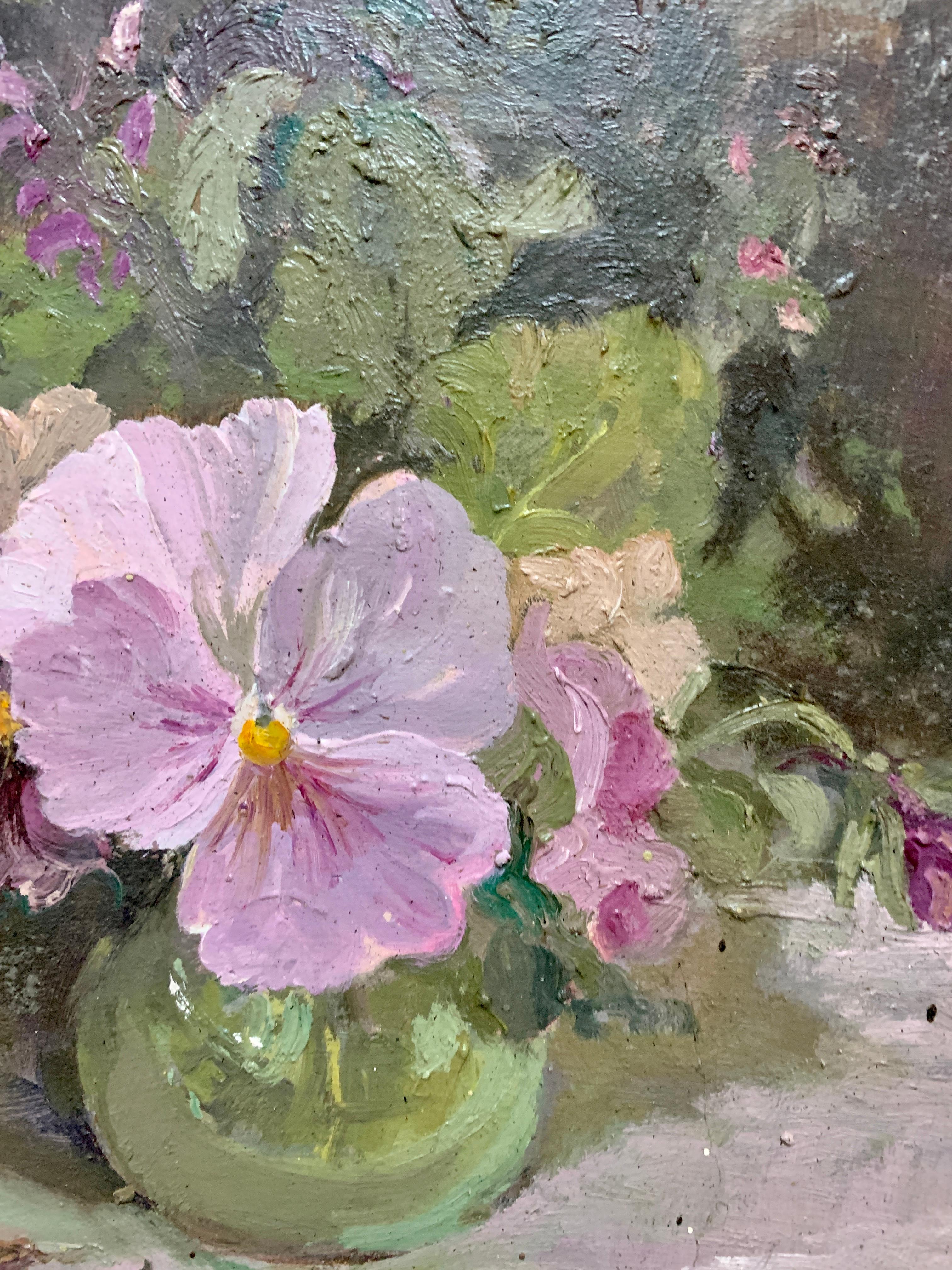 Impressionist English Still life of Pink Pansies in a glass vase on a table top 1