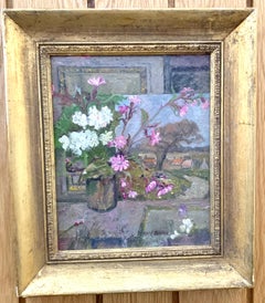 Impressionist English Still life of Pink and white geranium flowers in a studio