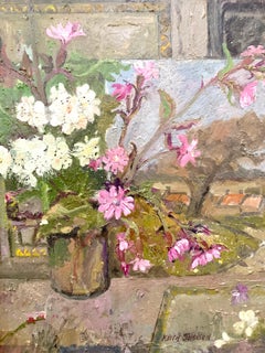 Impressionist English Still life of Pink and white geranium flowers in a studio