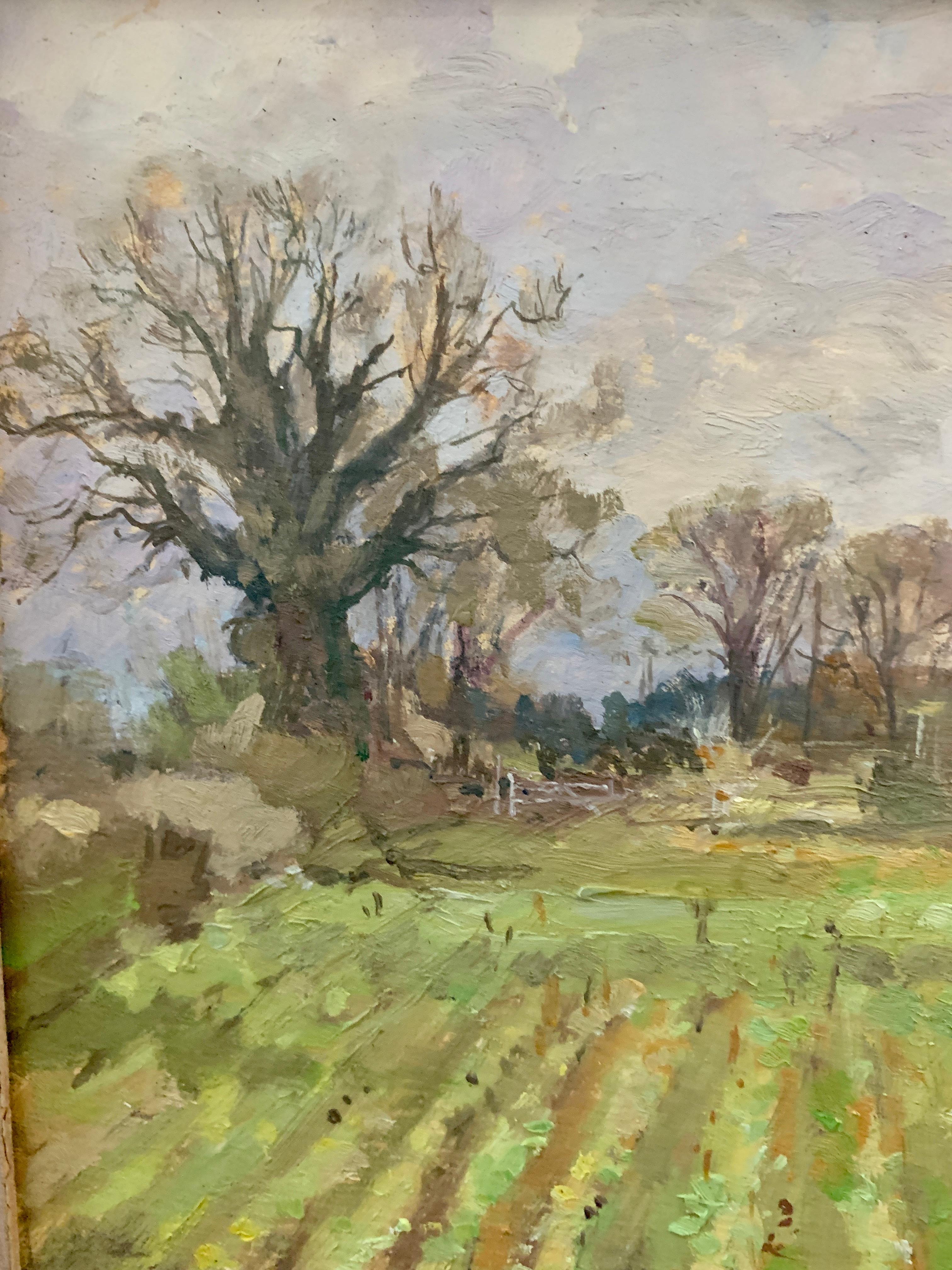 Scène de paysage impressionniste anglaise d'une église du Norfolk près de Frettenham. - Gris Figurative Painting par Keith Johnson