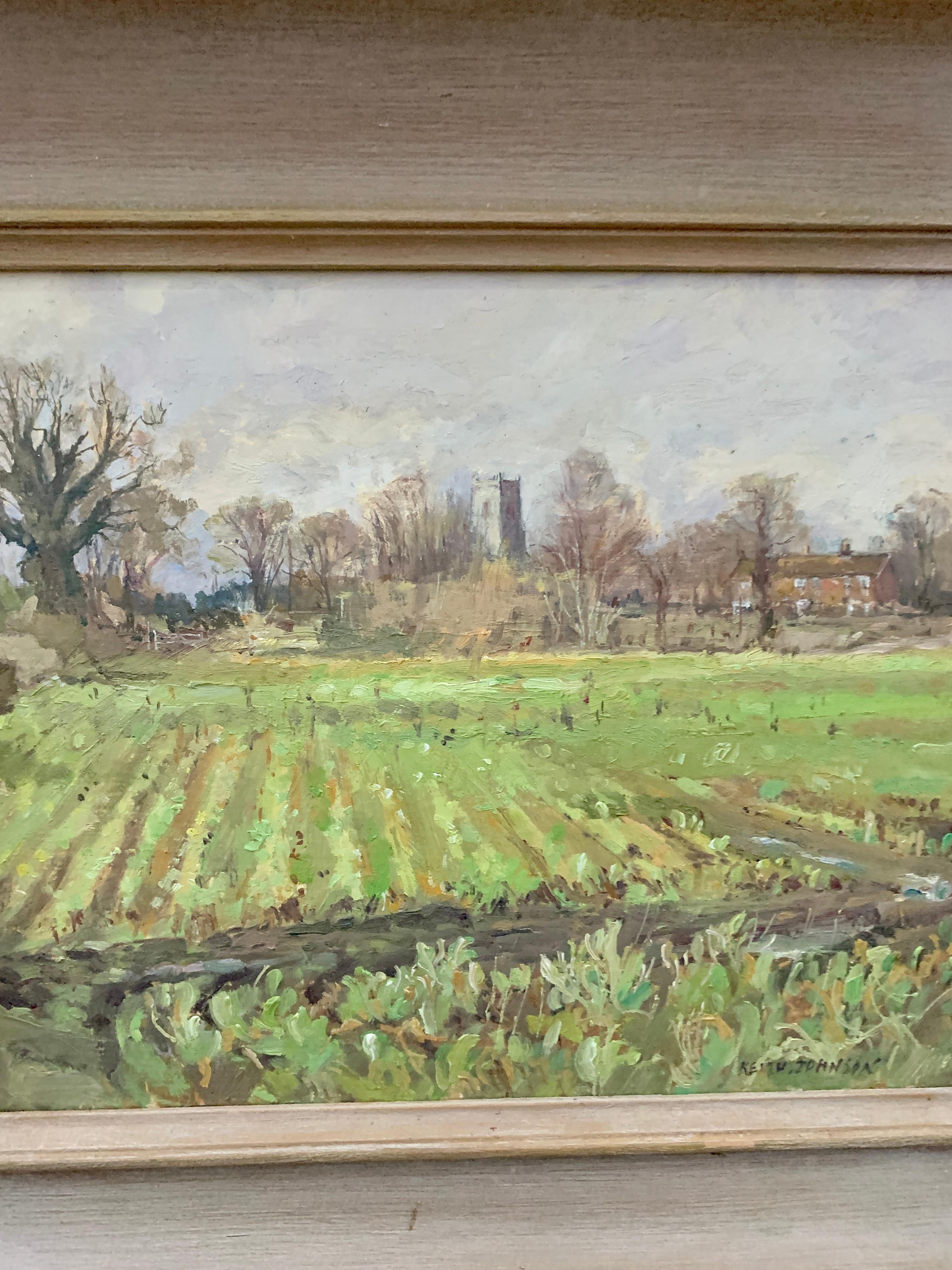 Impressionist English Landscape scene of a Norfolk church near Frettenham. - Gray Figurative Painting by Keith Johnson