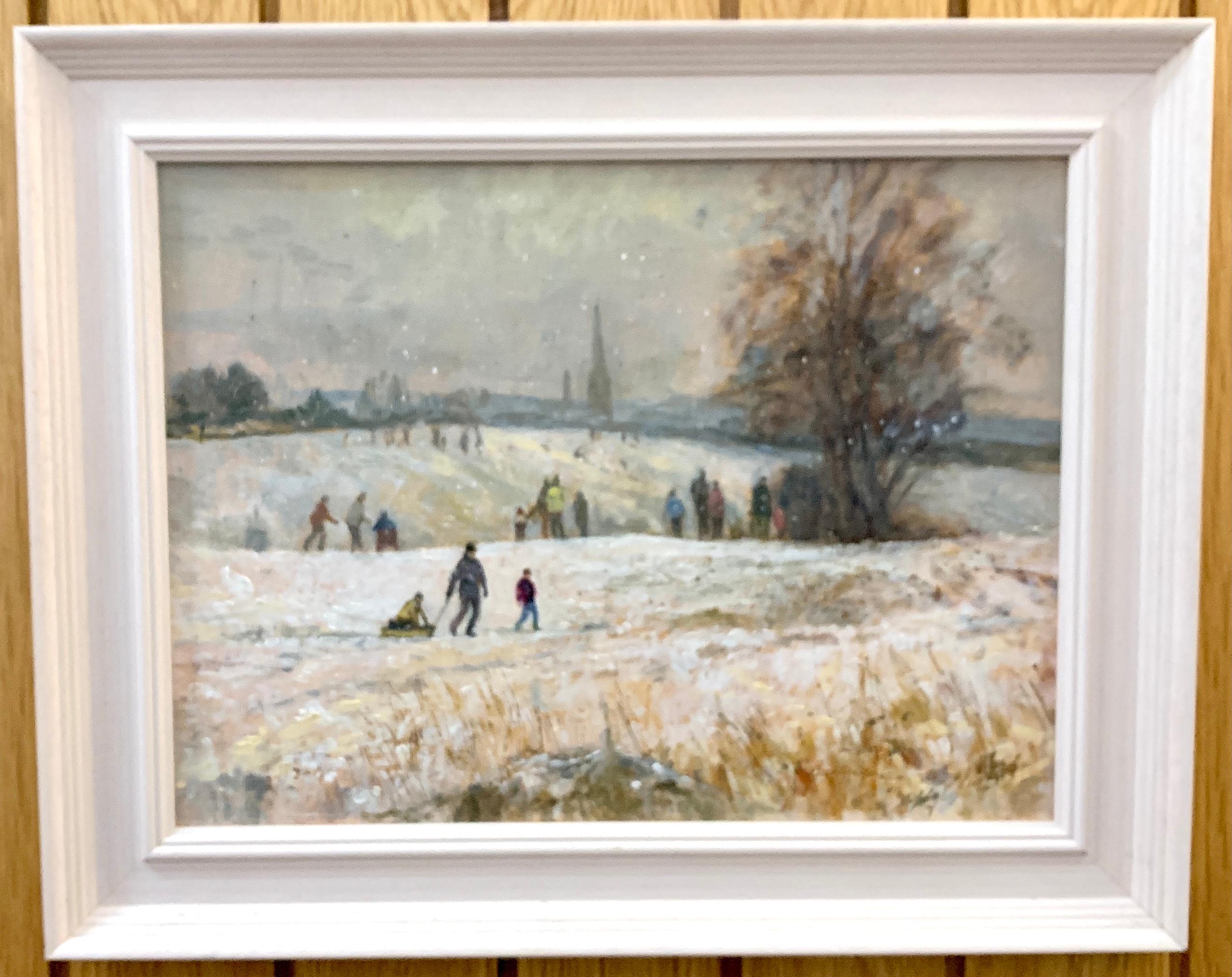 Keith Johnson Still-Life Painting - Impressionist English Landscape scene with Children playing in the snow.  