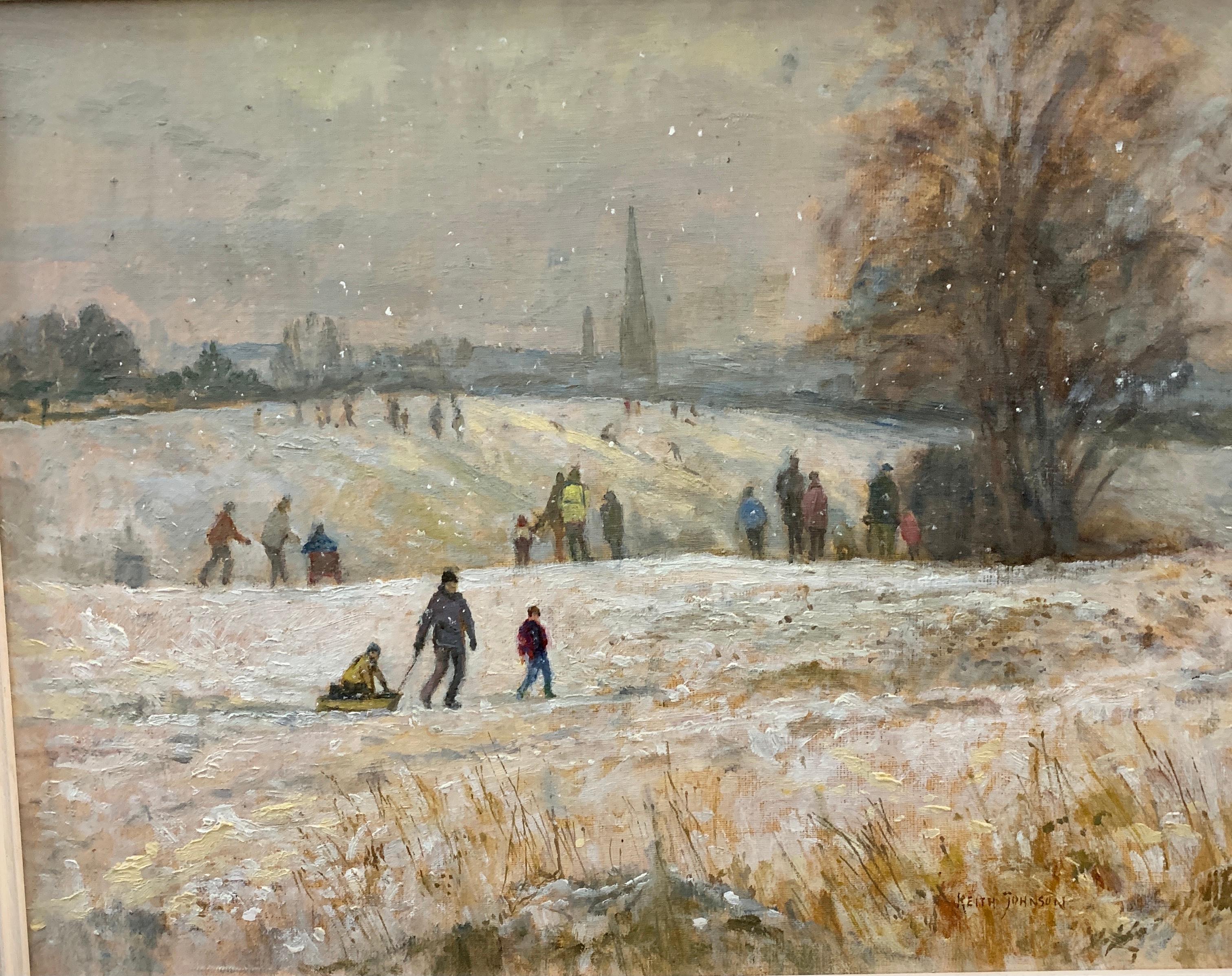 Impressionist English Landscape scene with Children playing in the snow.   - Painting by Keith Johnson