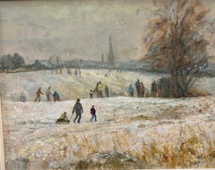 Impressionist English Landscape scene with Children playing in the snow.