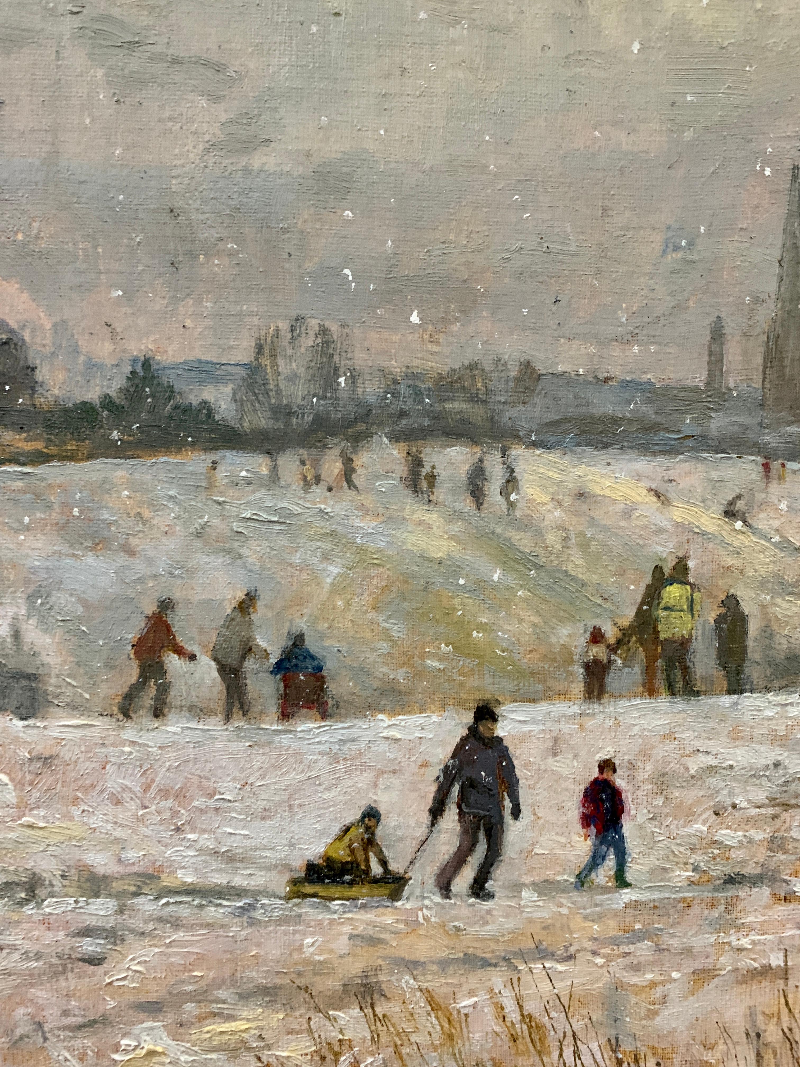 Impressionist English Landscape scene with Children playing in the snow.   - Beige Still-Life Painting by Keith Johnson