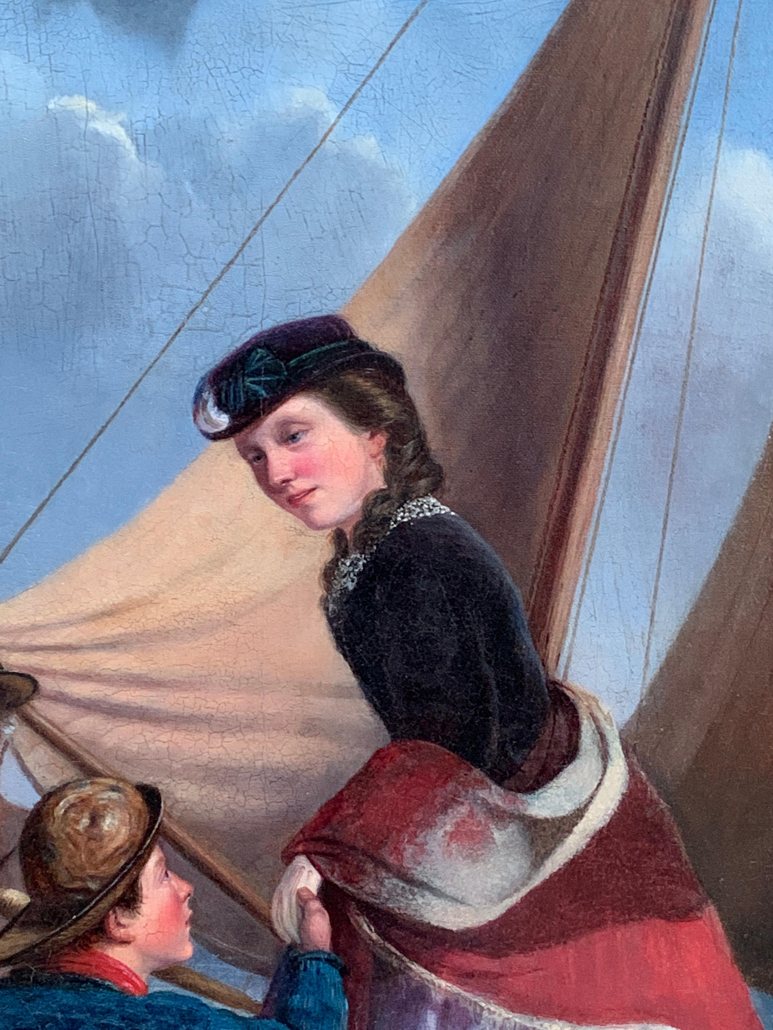  scène de personnage anglaise du XIXe siècle avec un pêcheur aidant des femmes à pénétrer sur un bateau - Victorien Painting par Unknown