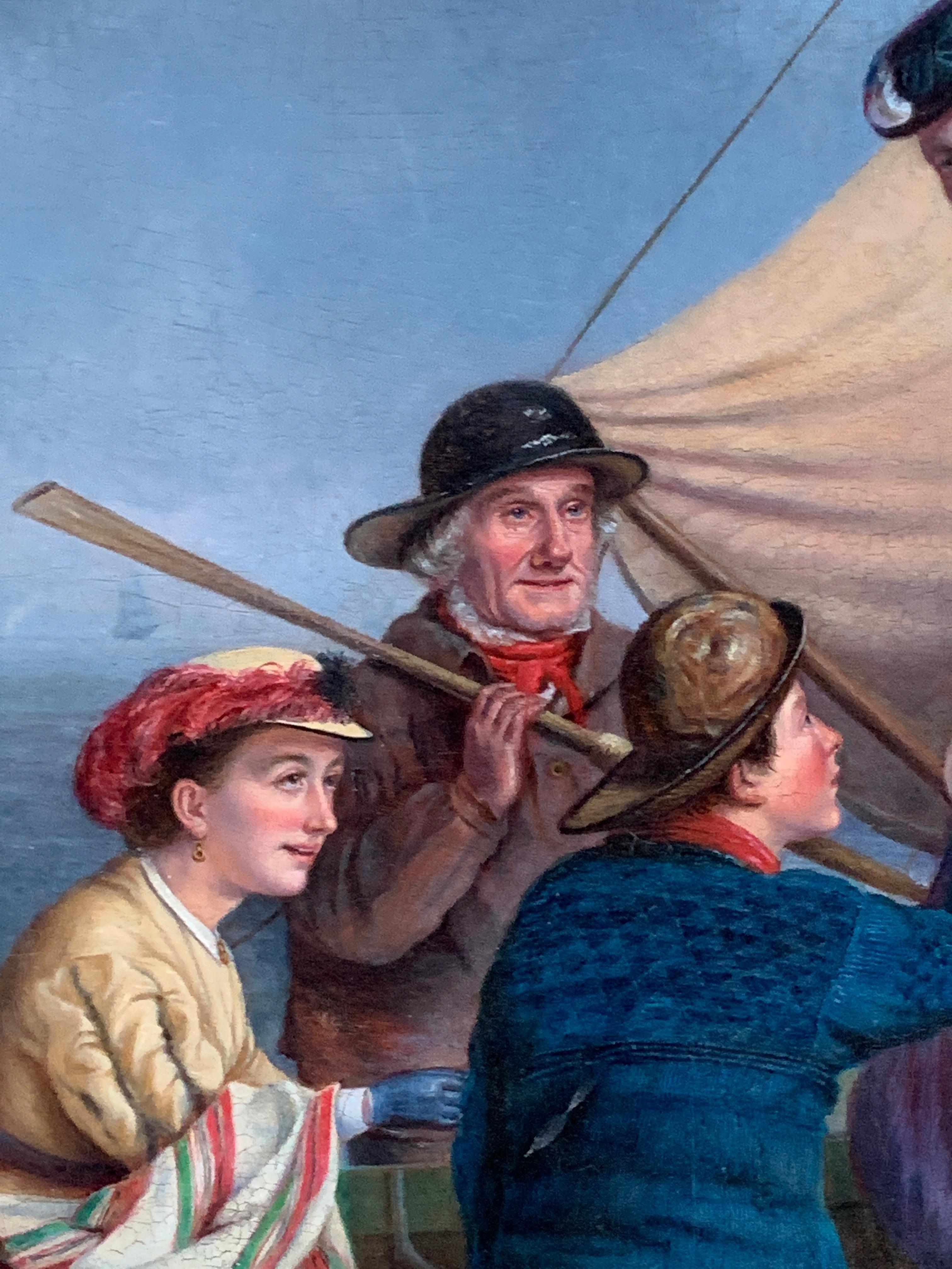  scène de personnage anglaise du XIXe siècle avec un pêcheur aidant des femmes à pénétrer sur un bateau - Gris Figurative Painting par Unknown