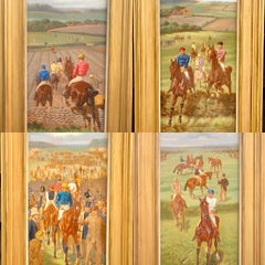 Conjunto de cuatro escenas de carreras de caballos inglesas del siglo XIX en amplios paisajes.