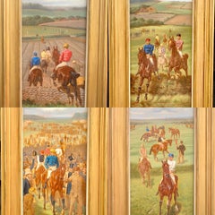 Ensemble de quatre scènes de course de chevaux du XIXe siècle dans de vastes paysages.