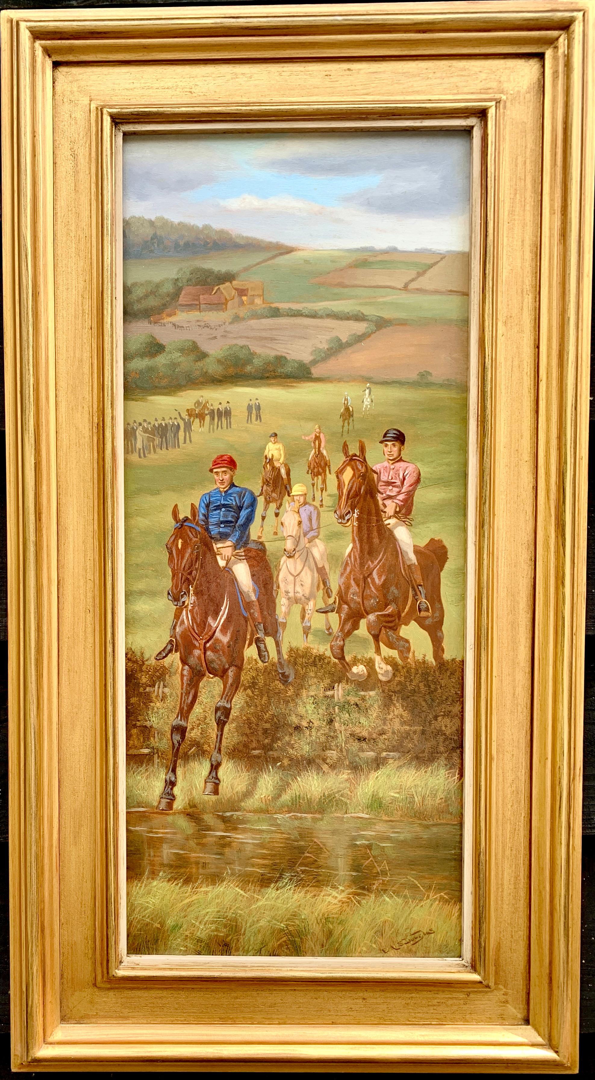 Set of Four English 19th century Horse Racing scenes in extensive landscapes. - Painting by Edward Algernon Stuart Douglas