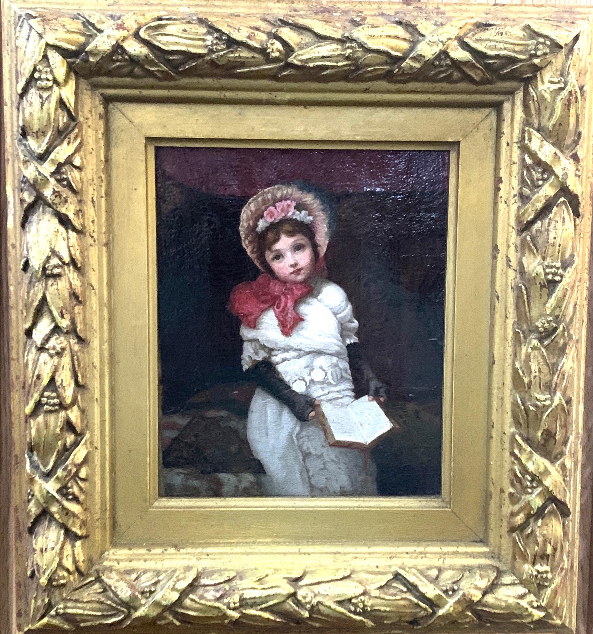 Victorian English portrait of a seated little girl with a red bow reading a book - Painting by Unknown
