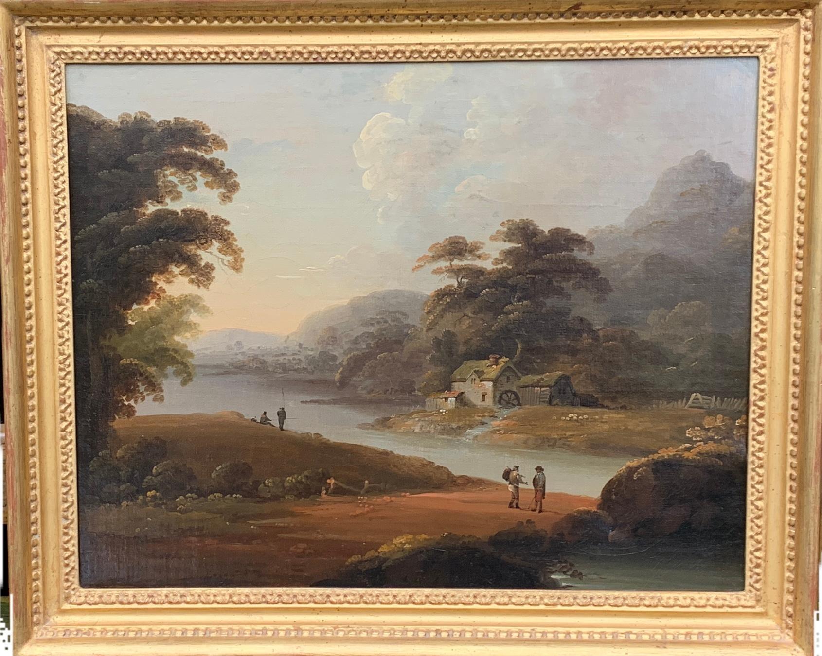 John Rathbone Figurative Painting -  18th century English oil landscape with river and figures fishing by a cottage