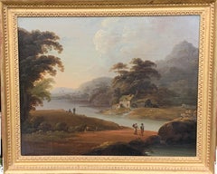 18th century English oil landscape with river and figures fishing by a cottage