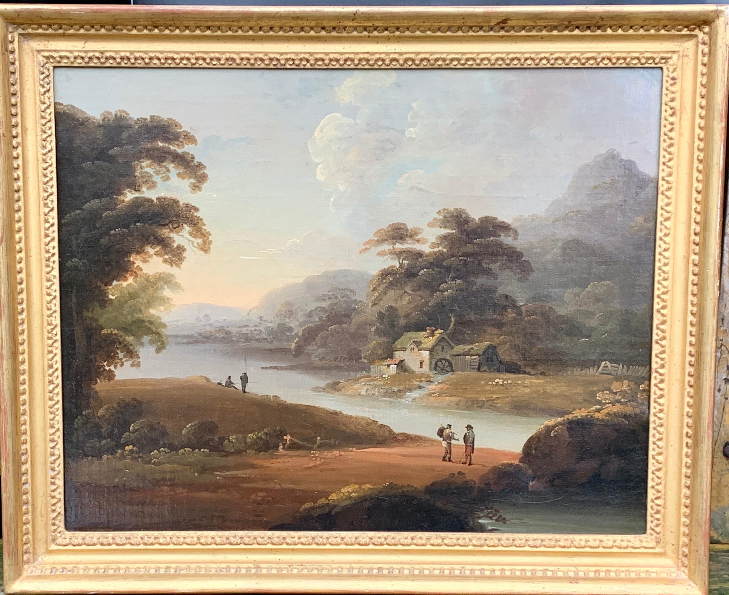  18th century English oil landscape with river and figures fishing by a cottage - Painting by John Rathbone