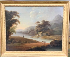 18th century English oil landscape with river and figures fishing by a cottage