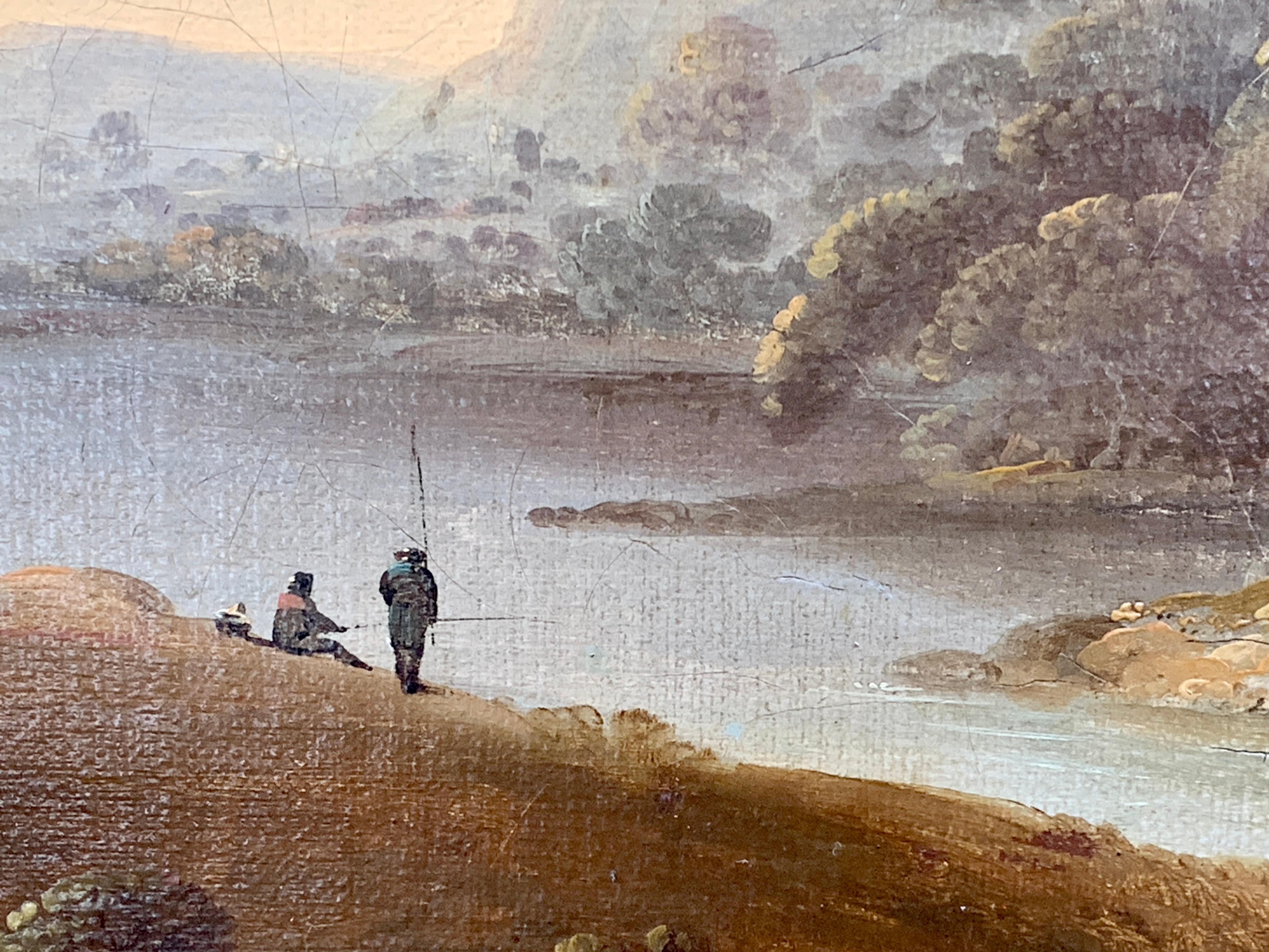  18th century English oil landscape with river and figures fishing by a cottage - Brown Figurative Painting by John Rathbone