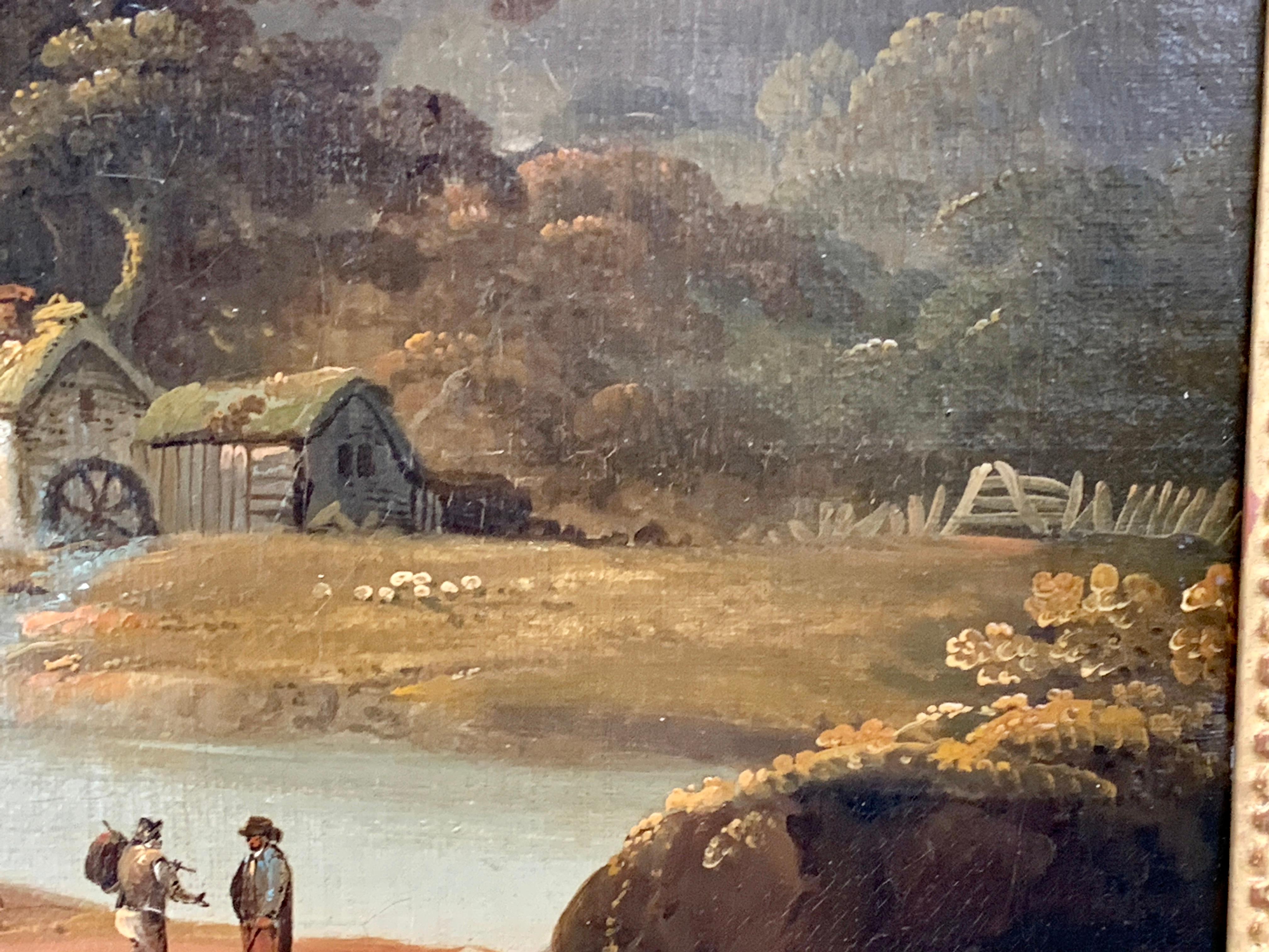  18th century English oil landscape with river and figures fishing by a cottage 2