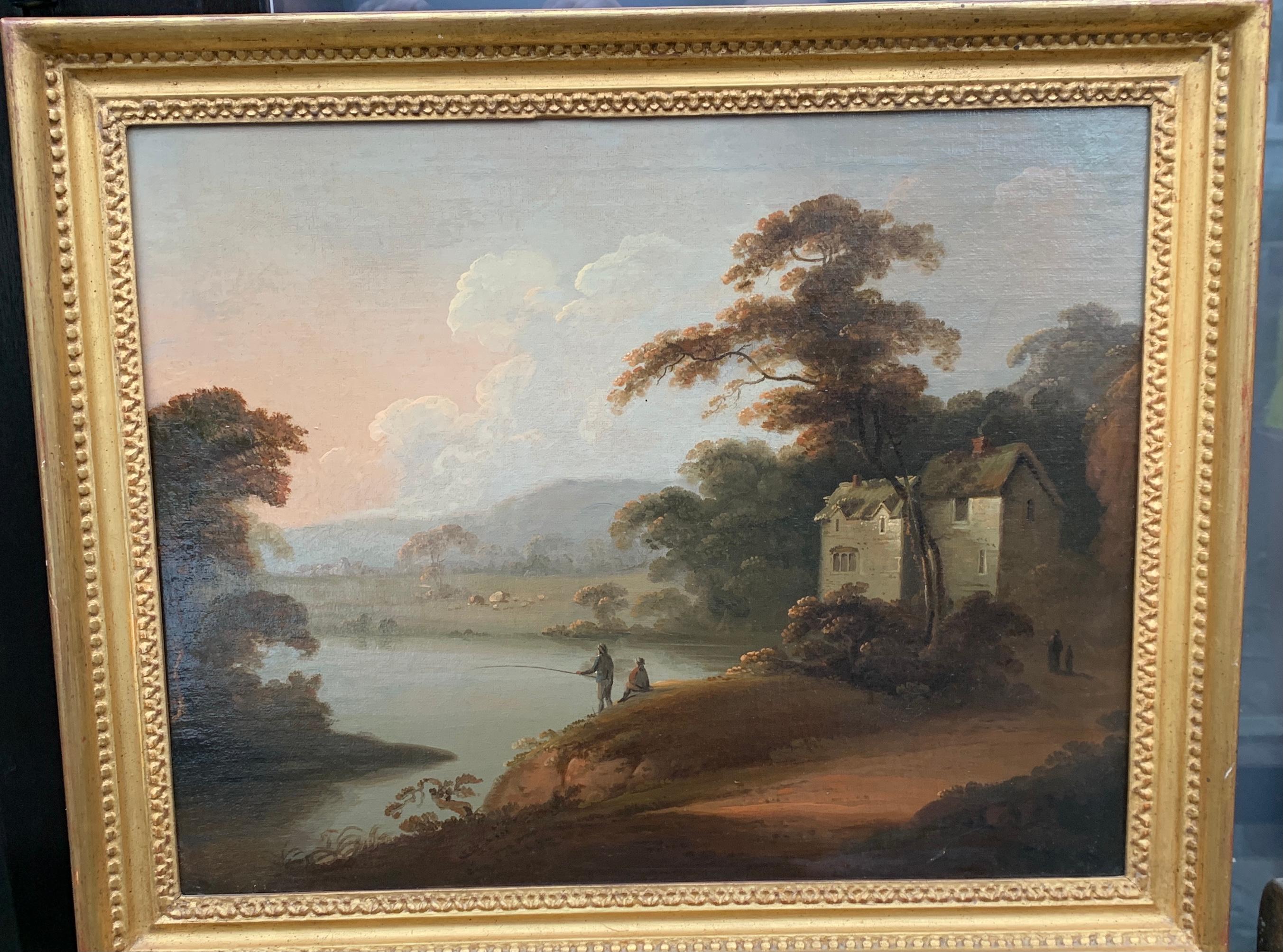 John Rathbone Landscape Painting -  18th century English oil landscape with figures fishing by an English House