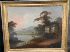 paysage anglais à l'huile du 18e siècle avec des personnages pêchant près d'une maison anglaise