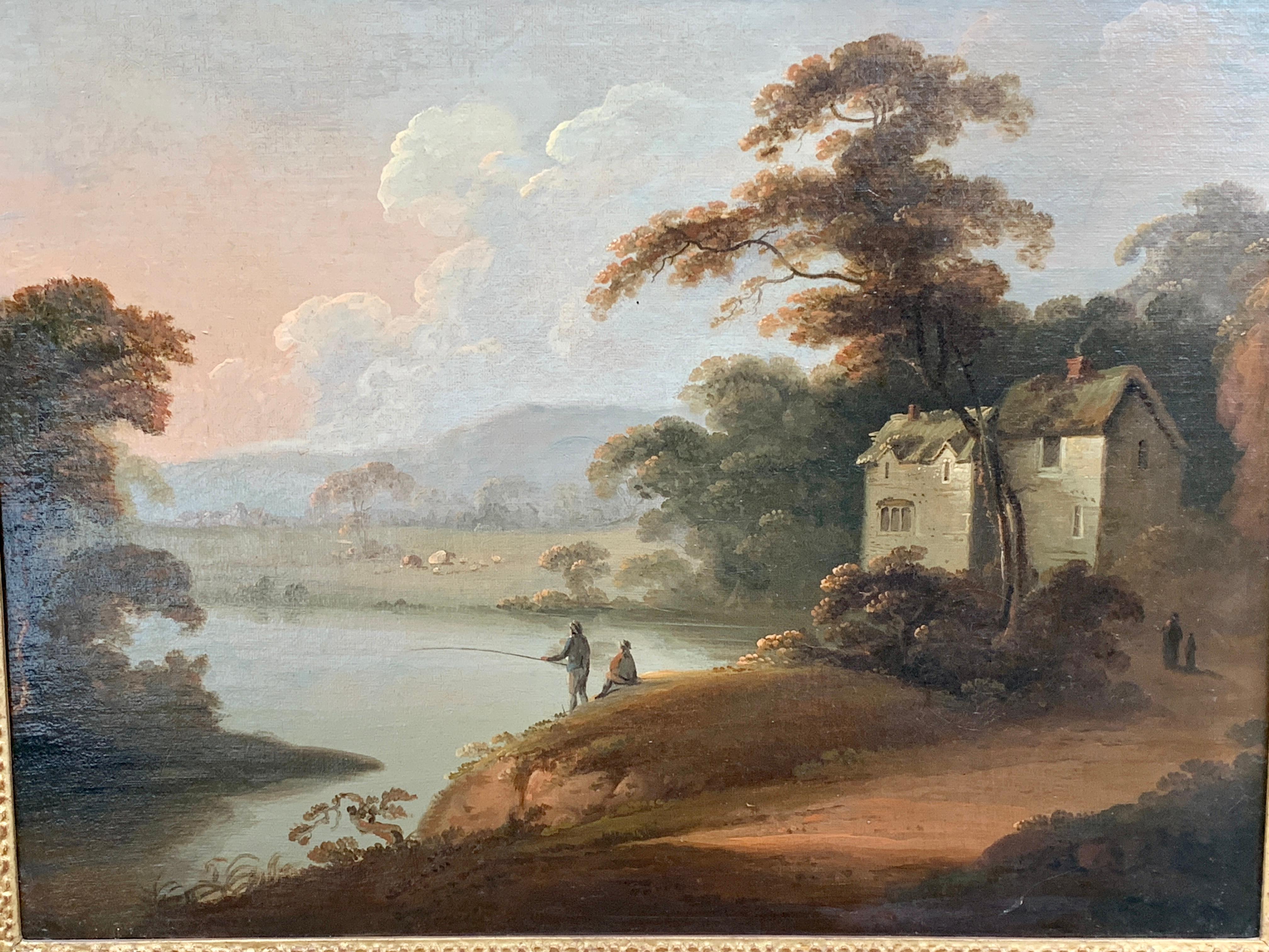  18th century English oil landscape with figures fishing by an English House - Painting by John Rathbone