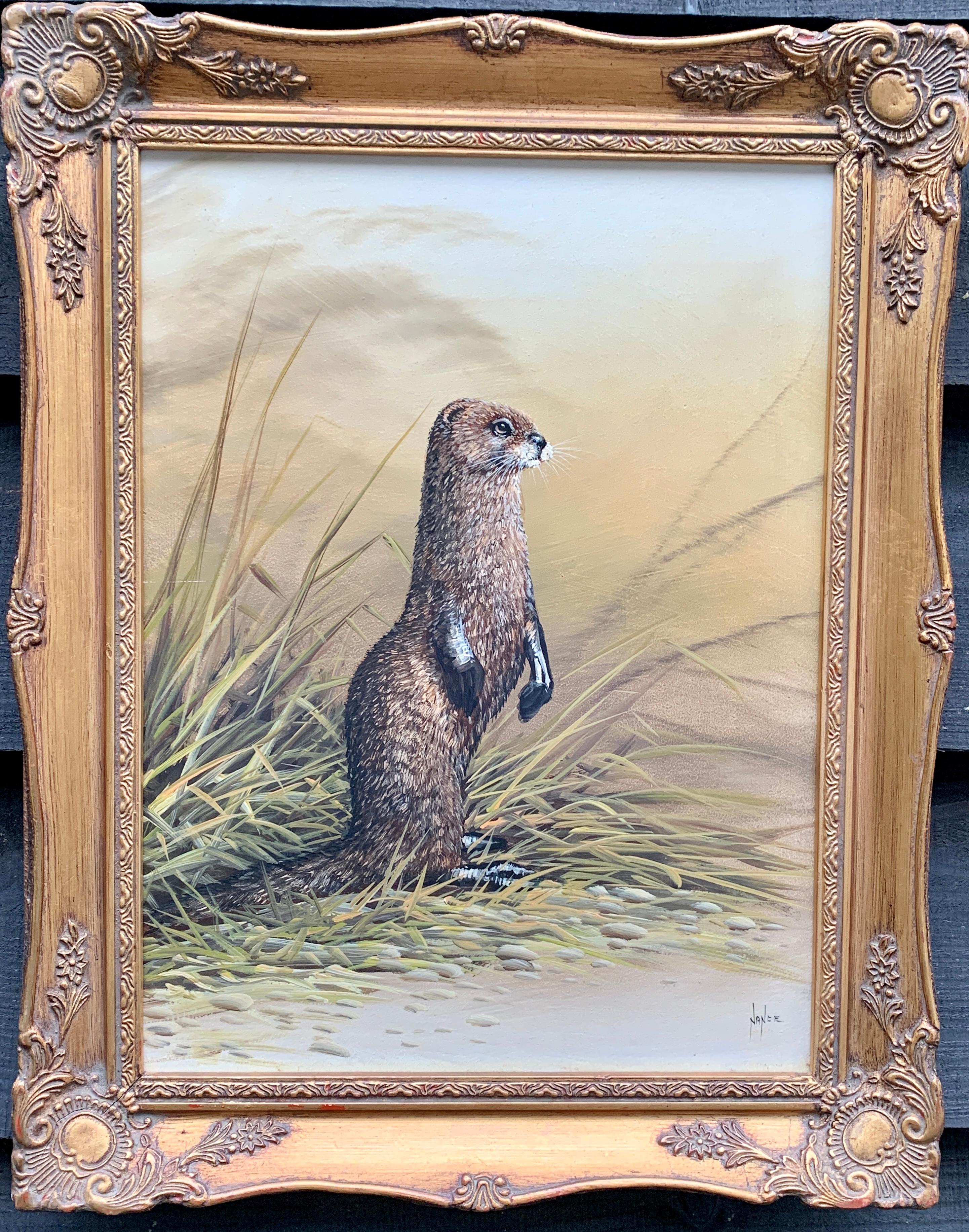 M.Naplee Animal Painting - Portrait of an English Brown and White Otter, on the banks of a River Landscape