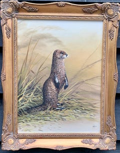 Vintage Portrait of an English Brown and White Otter, on the banks of a River Landscape