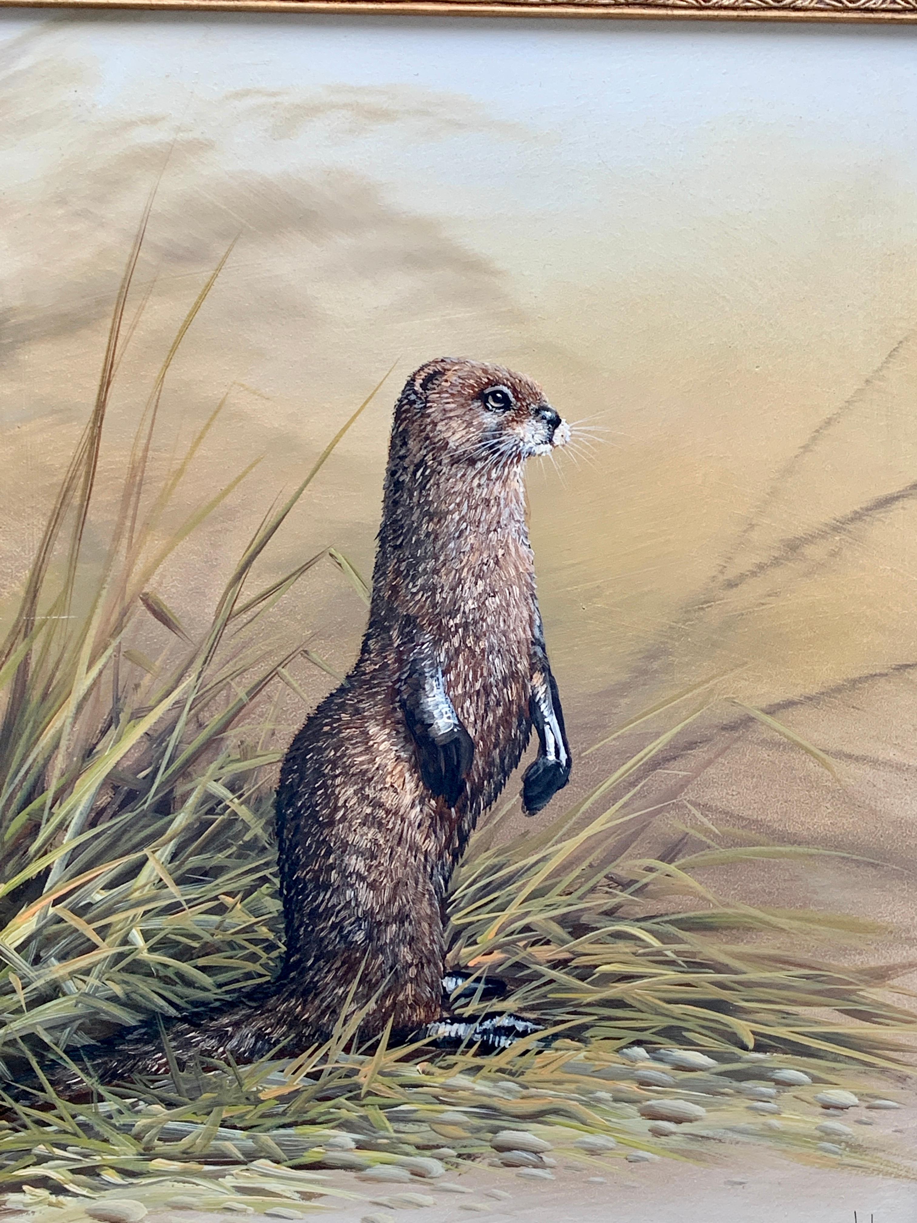 Portrait of an English Brown and White Otter, on the banks of a River Landscape - Painting by M.Naplee
