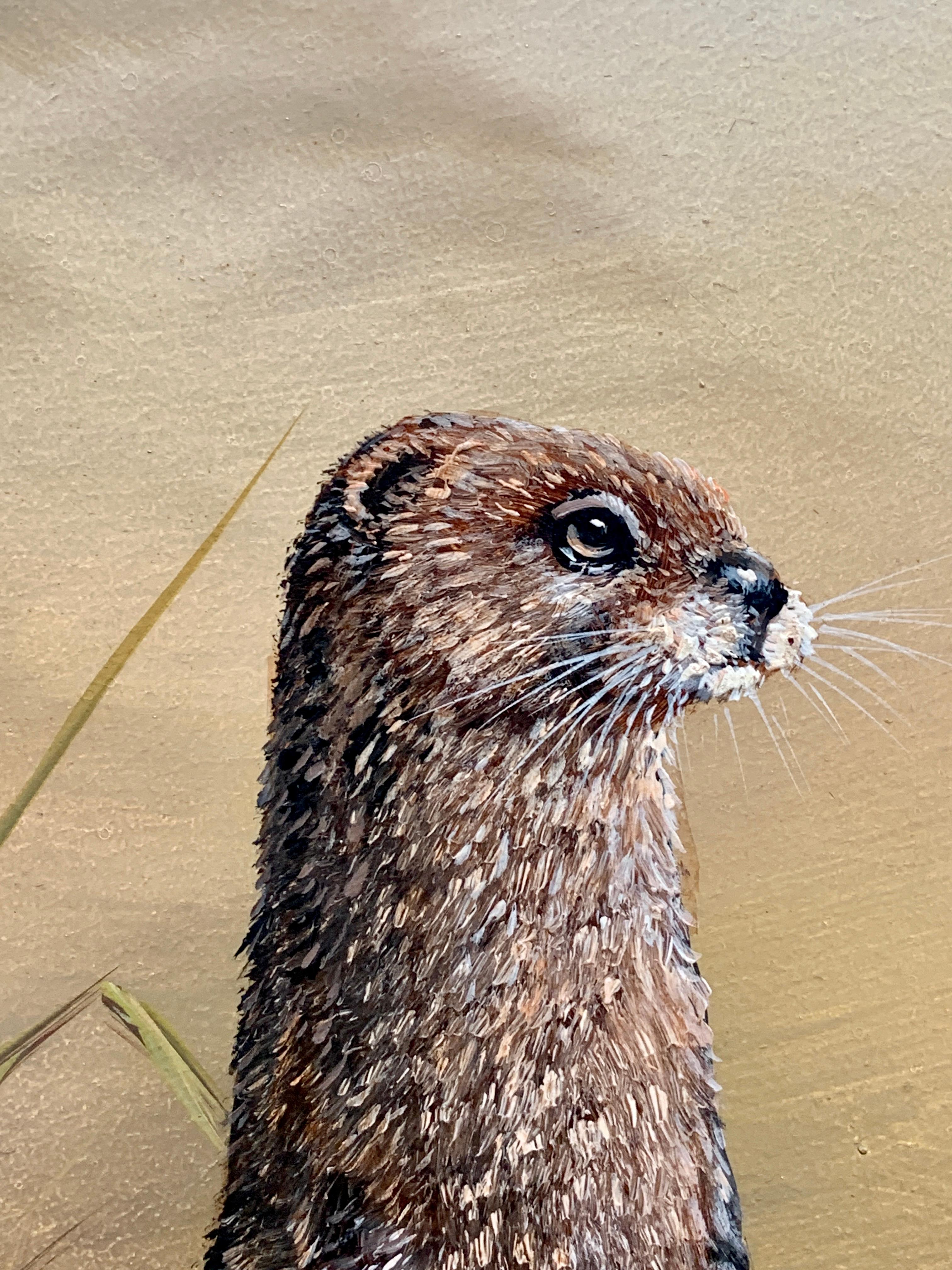 Retrato de una nutria parda y blanca inglesa, a orillas de un paisaje fluvial - Animal Painting Beige de M.Naplee