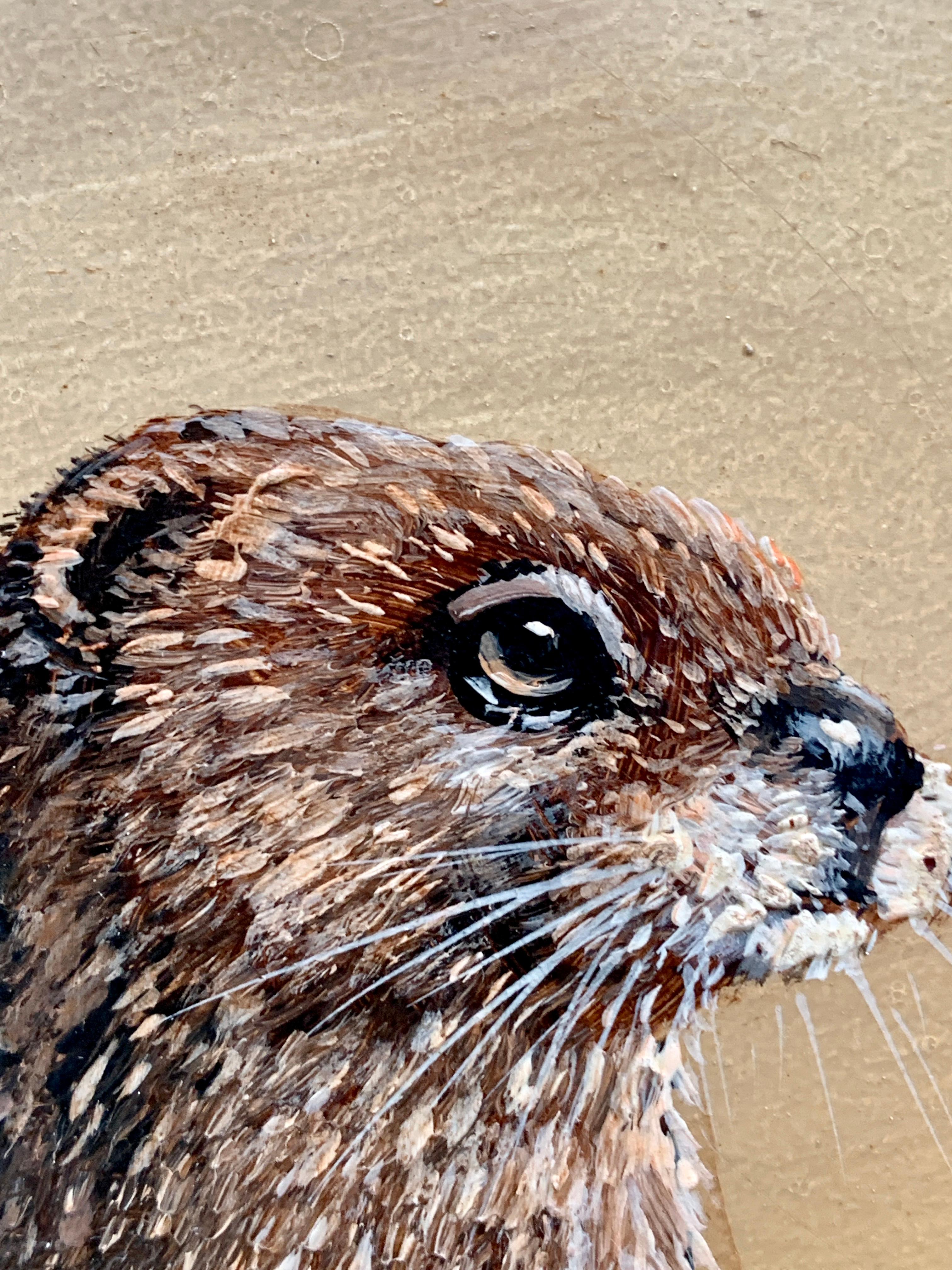 Portrait of an English Brown and White Otter, on the banks of a River Landscape - Realist Painting by M.Naplee