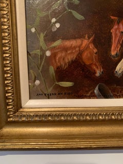 Antique English Horses portrait with holly, Shakespeare quote, in a landscape.