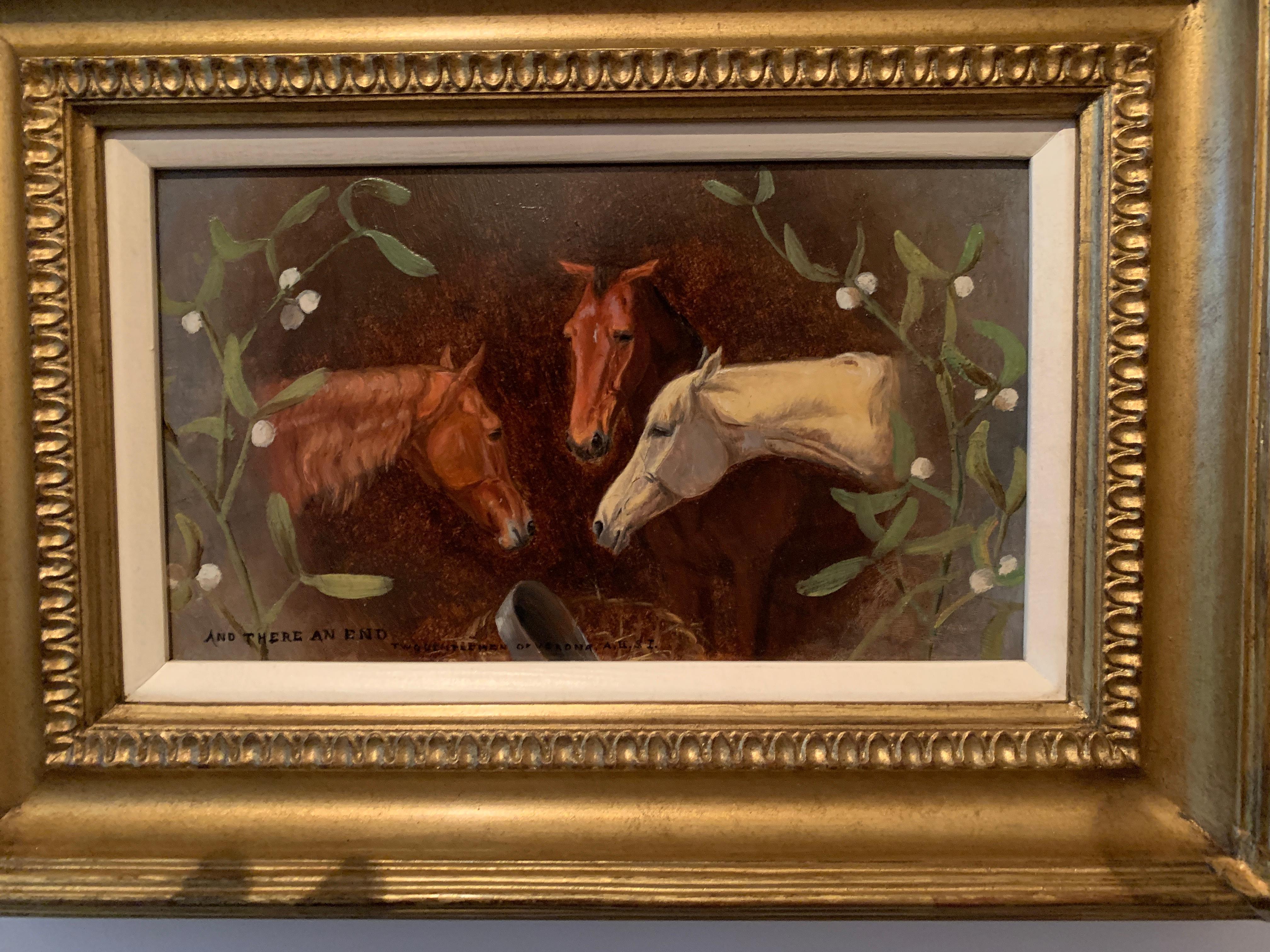 Antique English Horses portrait with holly, Shakespeare quote, in a landscape. - Victorian Painting by Edward Algernon Stewart Douglas