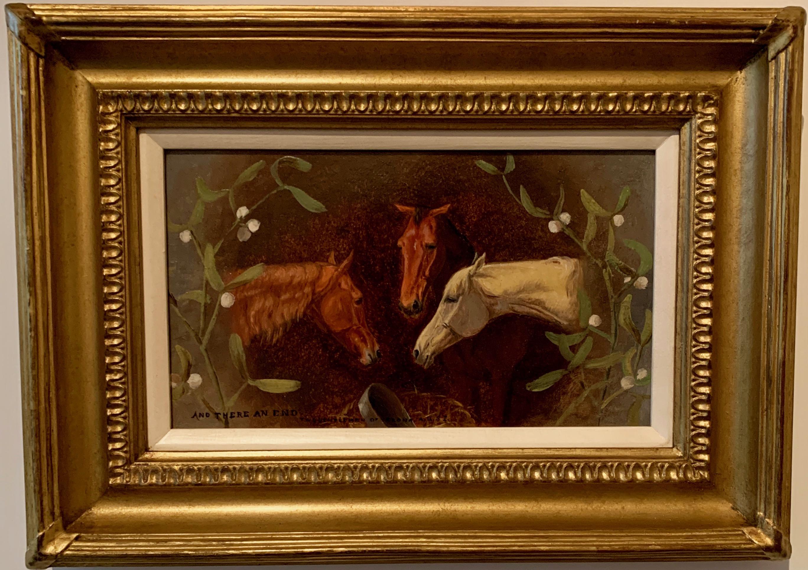 Edward Algernon Stewart Douglas Animal Painting - Antique English Horses portrait with holly, Shakespeare quote, in a landscape.
