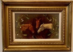 Antique English Horses portrait with holly, Shakespeare quote, in a landscape.
