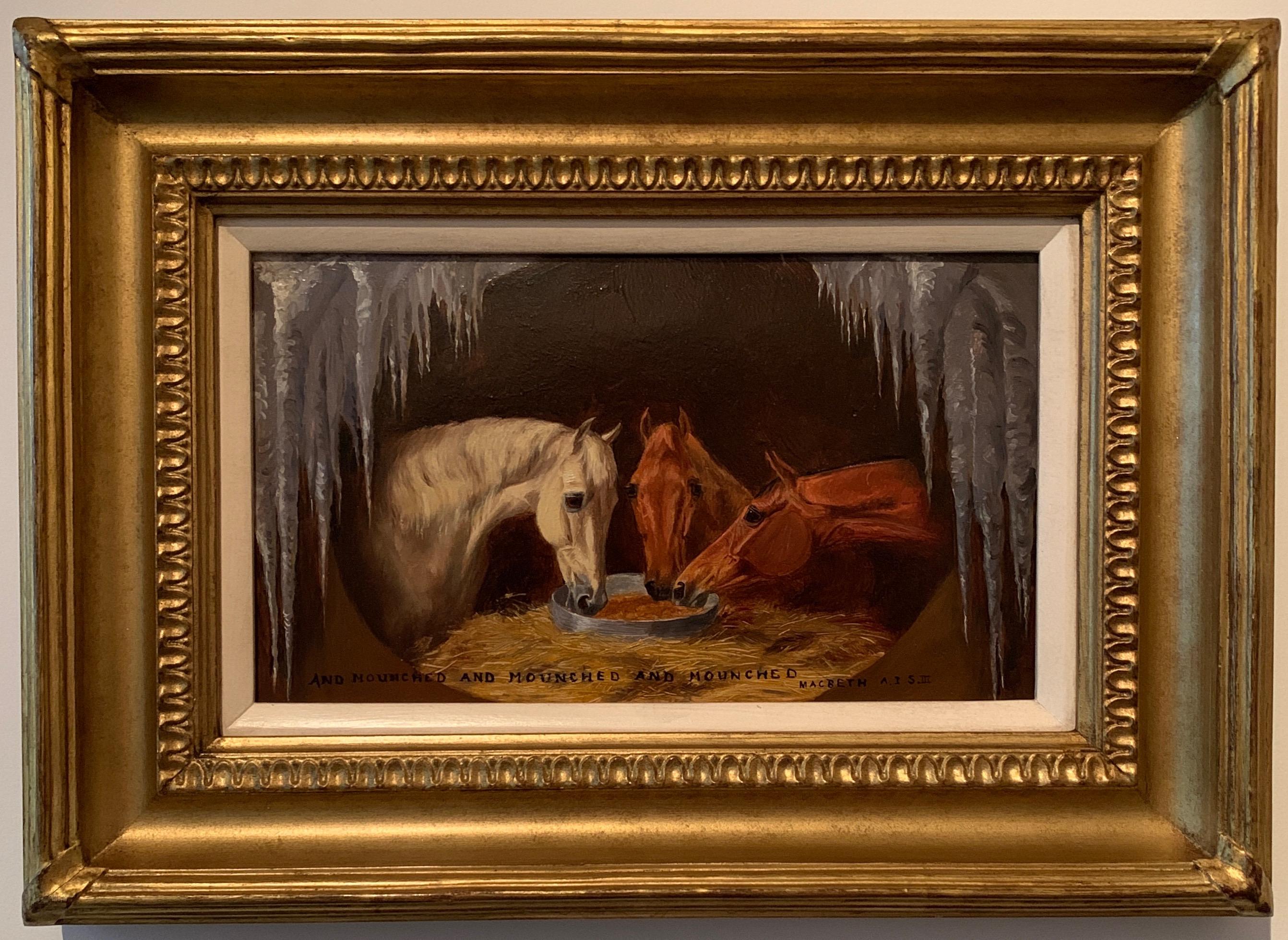 Edward Algernon Stewart Douglas Portrait Painting - Antique English Horses portrait with holly, Shakespeare quote, in an Ice Cave.