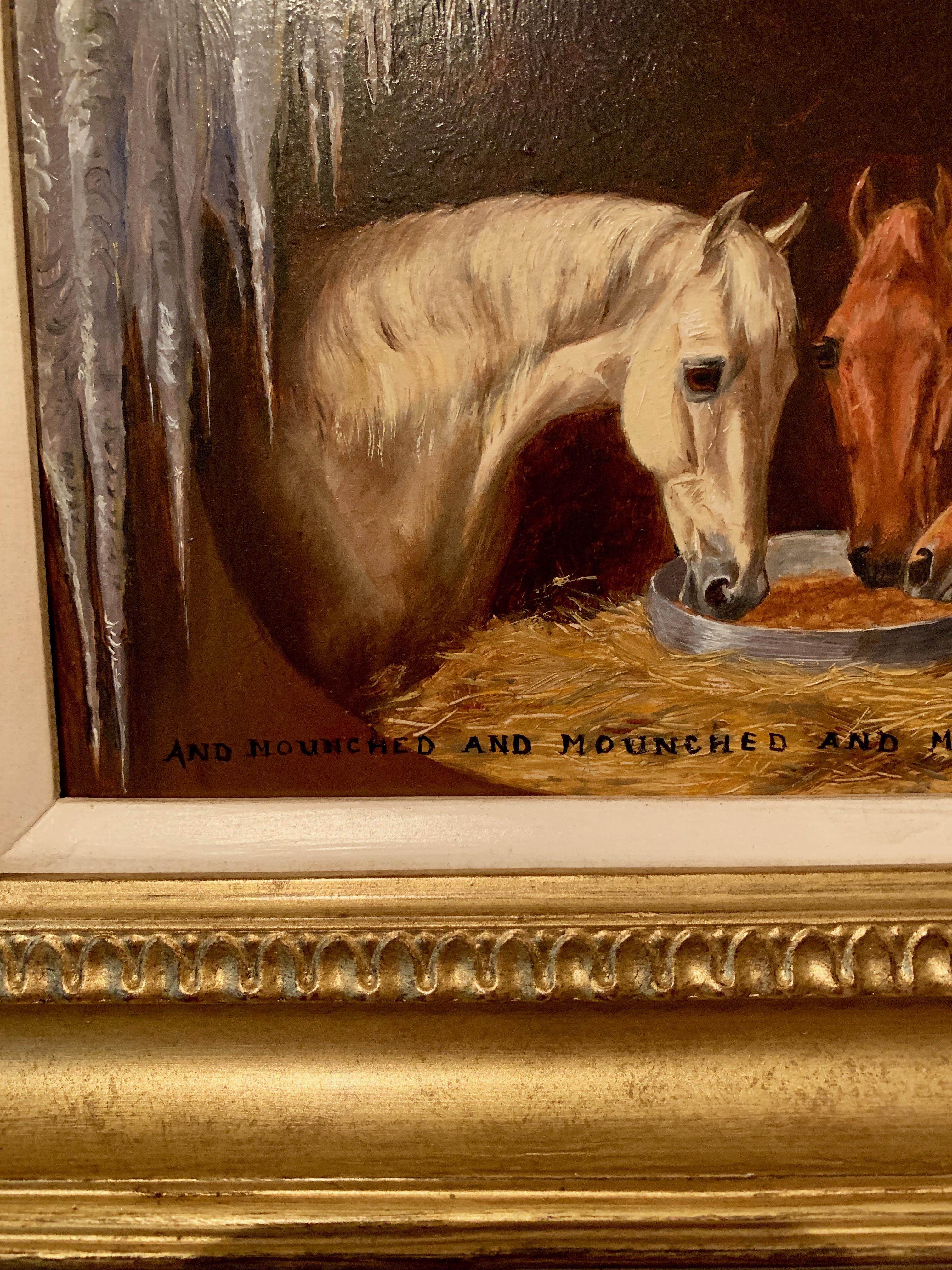 Antique English Horses portrait with holly, Shakespeare quote, in an Ice Cave. - Painting by Edward Algernon Stewart Douglas