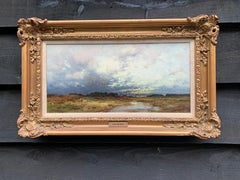 19th century German/European landscape in oils with setting sun, trees and water