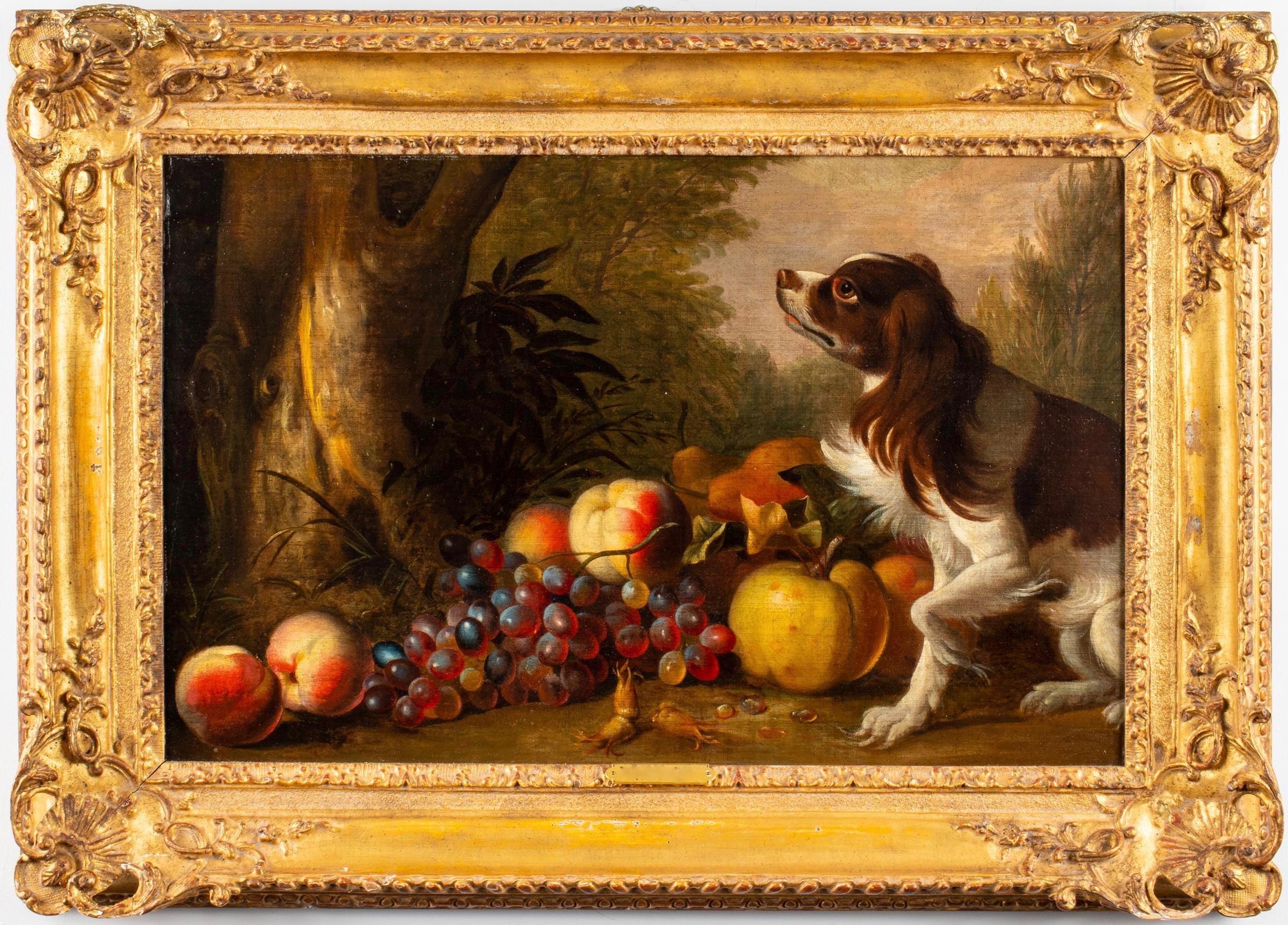 17th century portrait of a Spaniel dog with fruit in a wooded landscape.