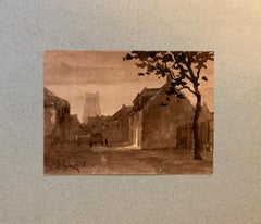 French 19th century Pen and Ink landscape, town and  church from a sketch folder