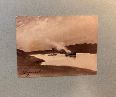 French 19th century Pen and Ink River landscape with boat from a sketch folder 