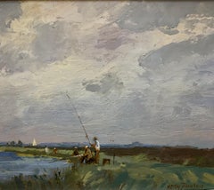 Impressionist English River Landscape, with men fishing by a river in Norfolk