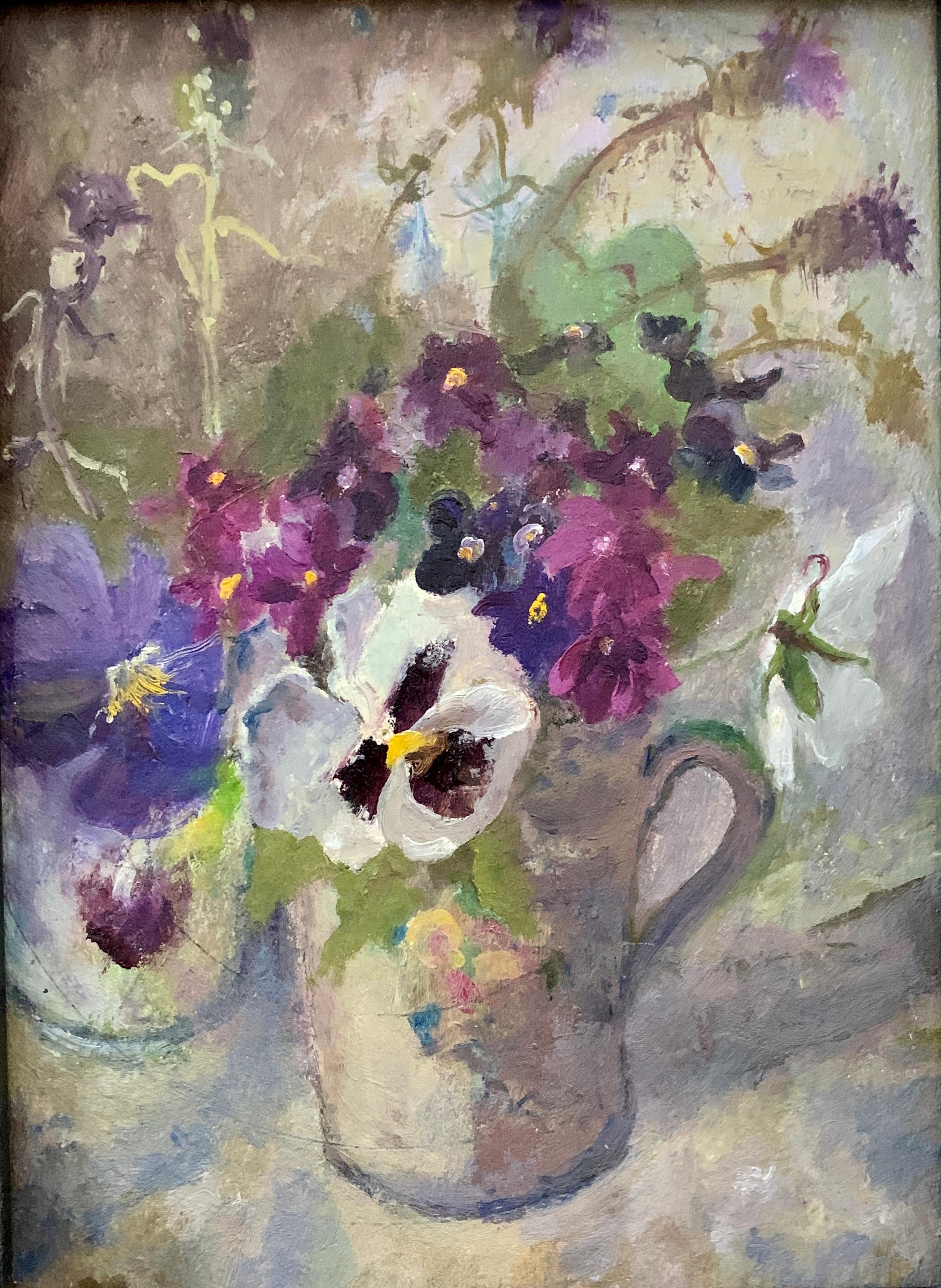 Impressionist English 20th century , oil study of purple, white and pink flowers - Painting by Keith Johnson