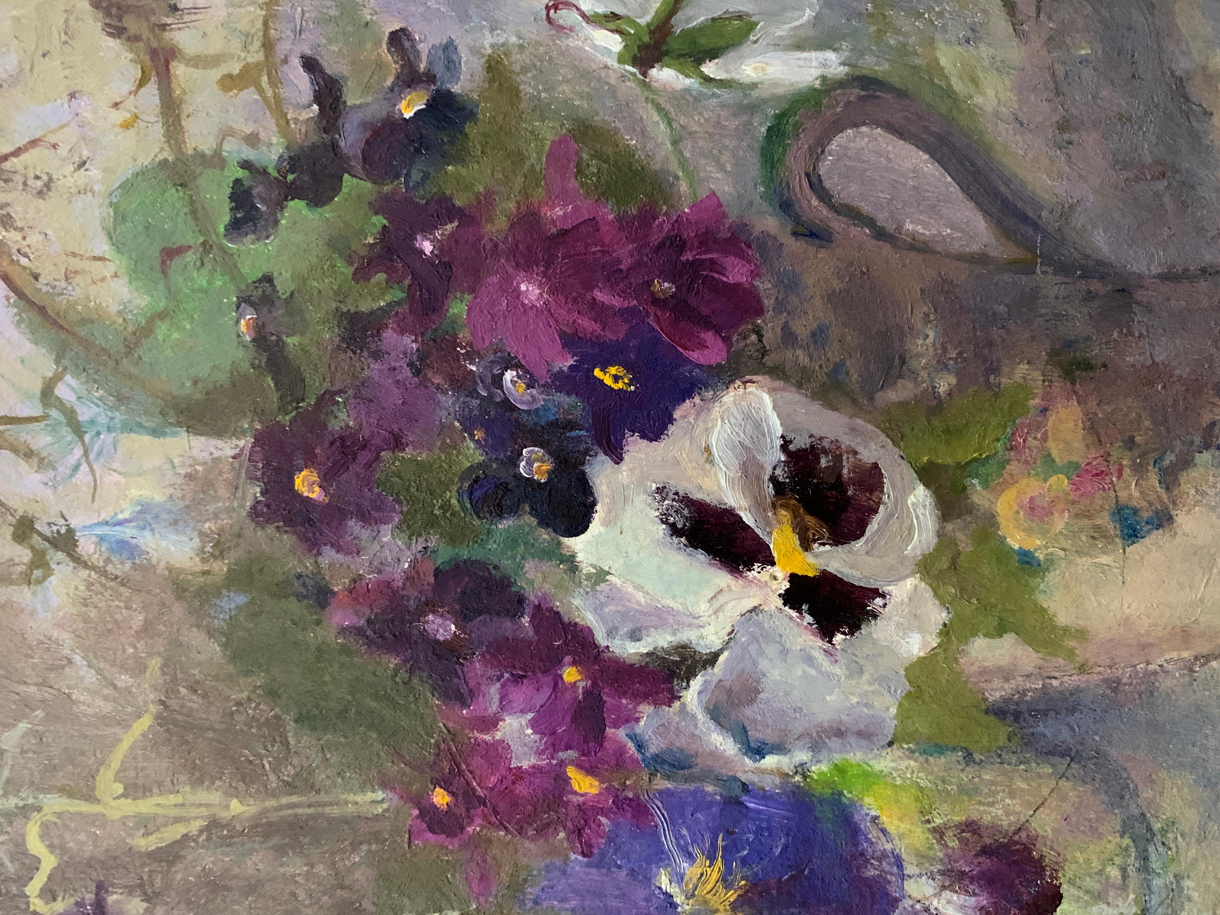 Impressionist English 20th century , oil study of purple, white and pink flowers - Gray Figurative Painting by Keith Johnson