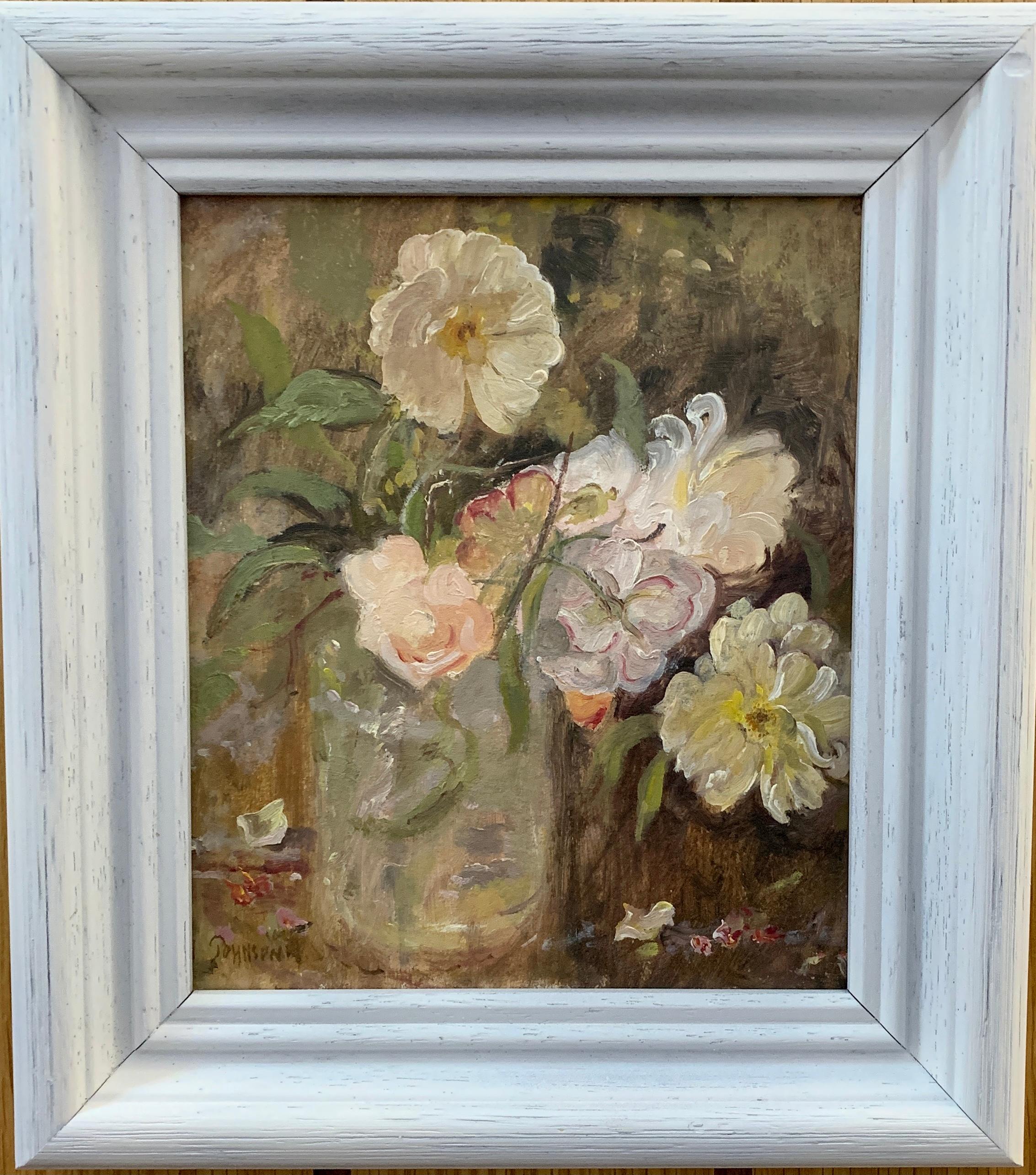 Still-Life Painting Keith Johnson - Nature morte impressionniste anglaise du 20e siècle de fleurs blanches et jaunes
