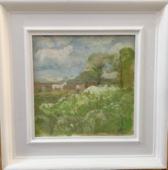 Impressionist English 20th century landscape with white horse, and wild flowers