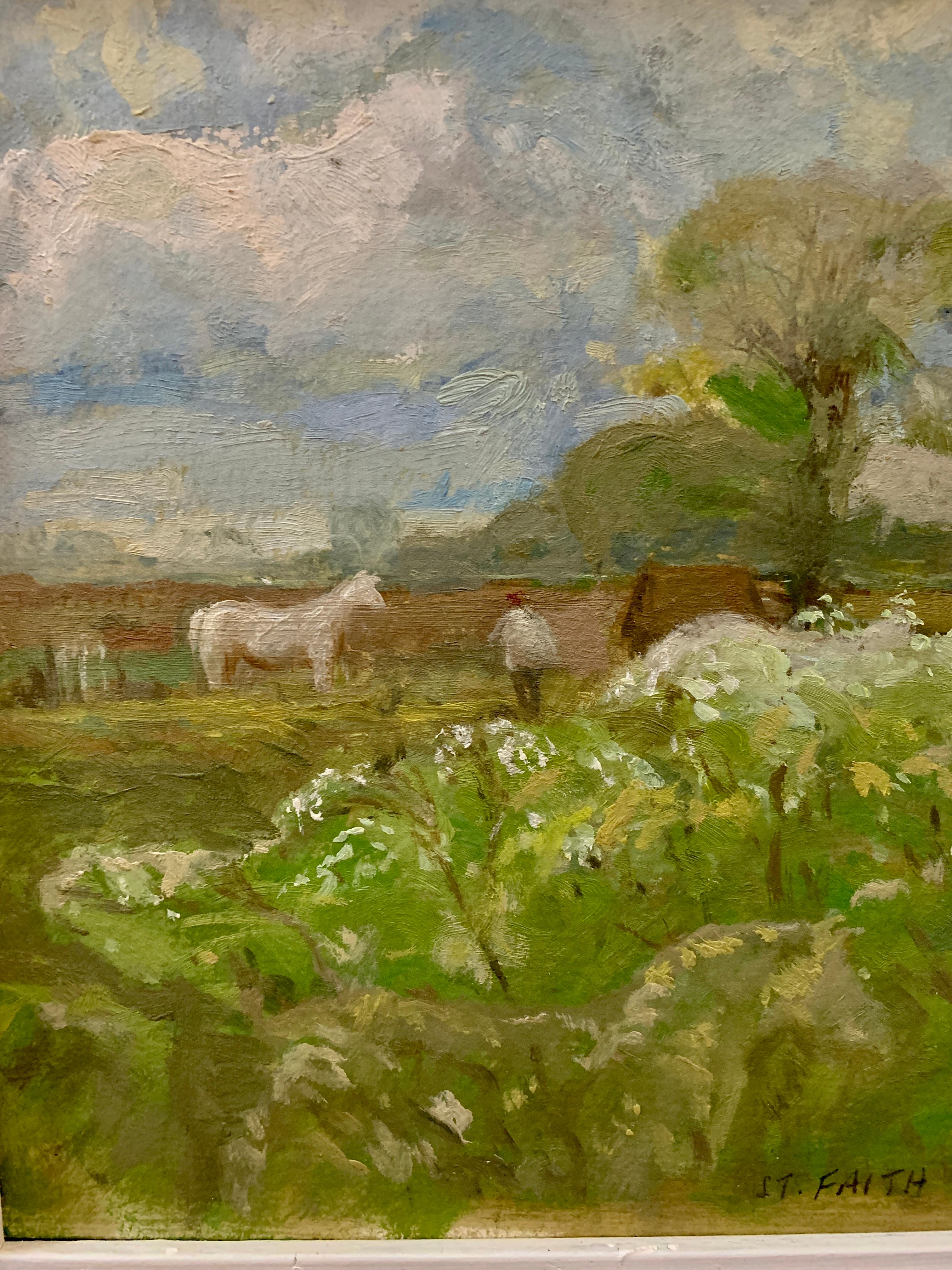 Impressionist English 20th century landscape with white horse, and wild flowers - Painting by Keith Johnson