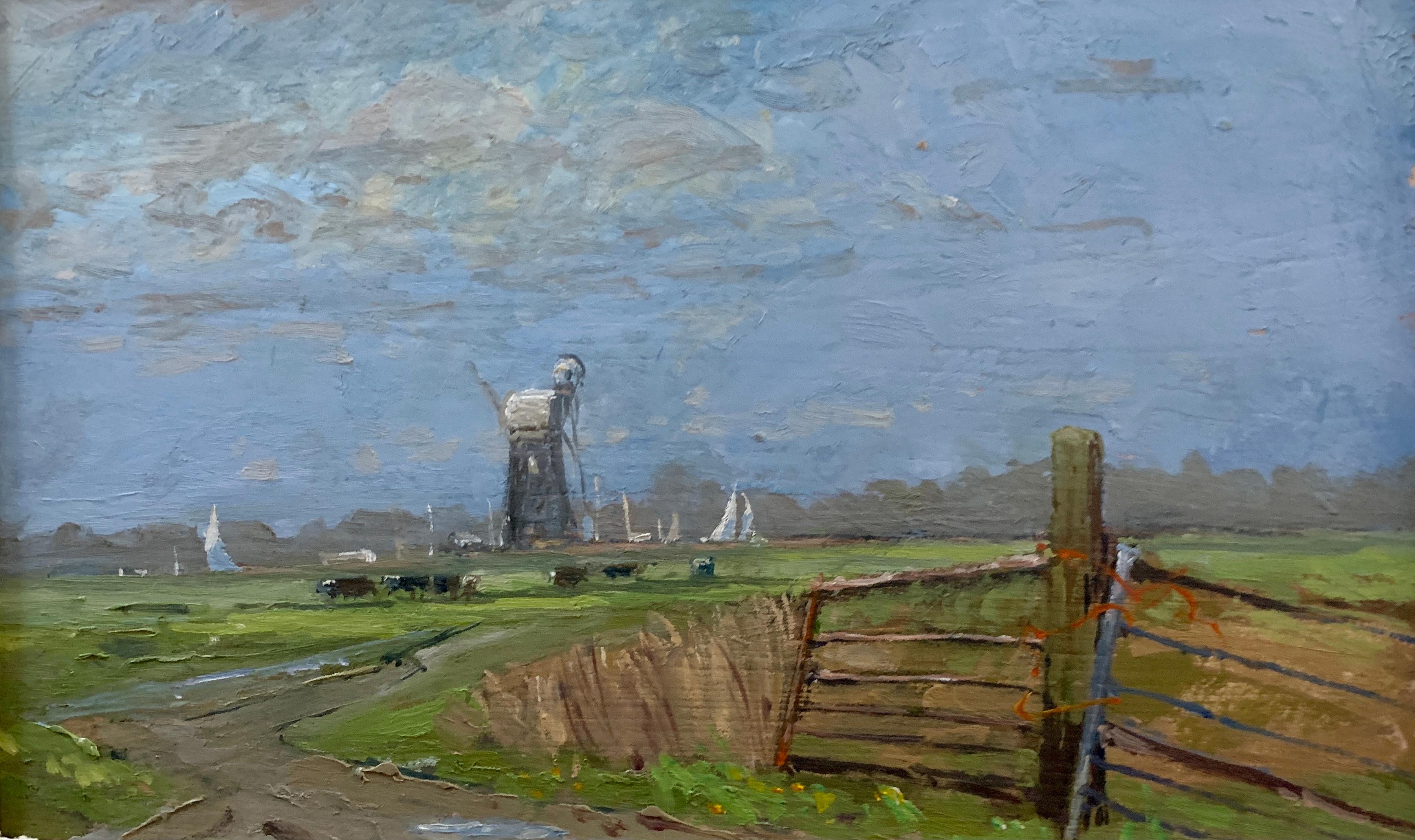 Impressionistische englische Windmühlenlandschaften und Segelboote aus dem 20. Jahrhundert in Norfolk (Impressionismus), Painting, von Keith Johnson
