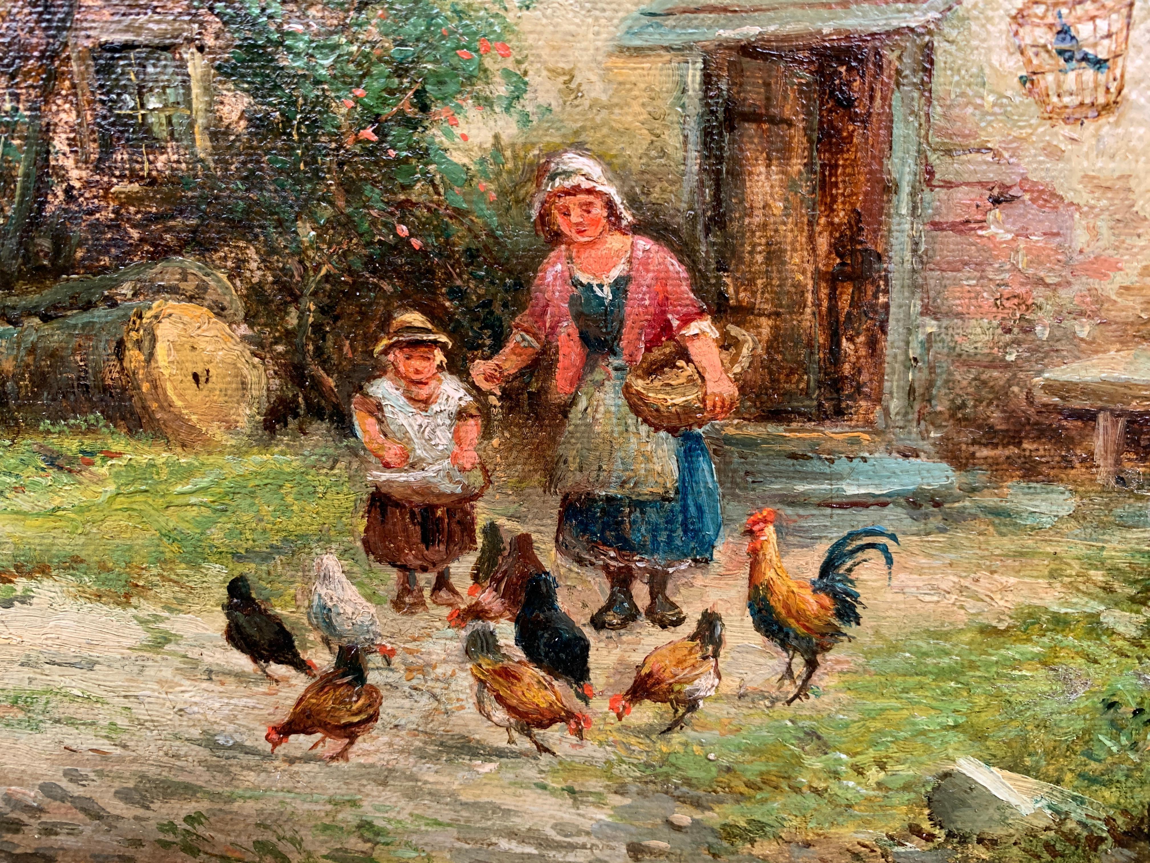 Paysage de cottage anglais du 19ème siècle avec mère et enfant nourrissant des poulets en vente 3