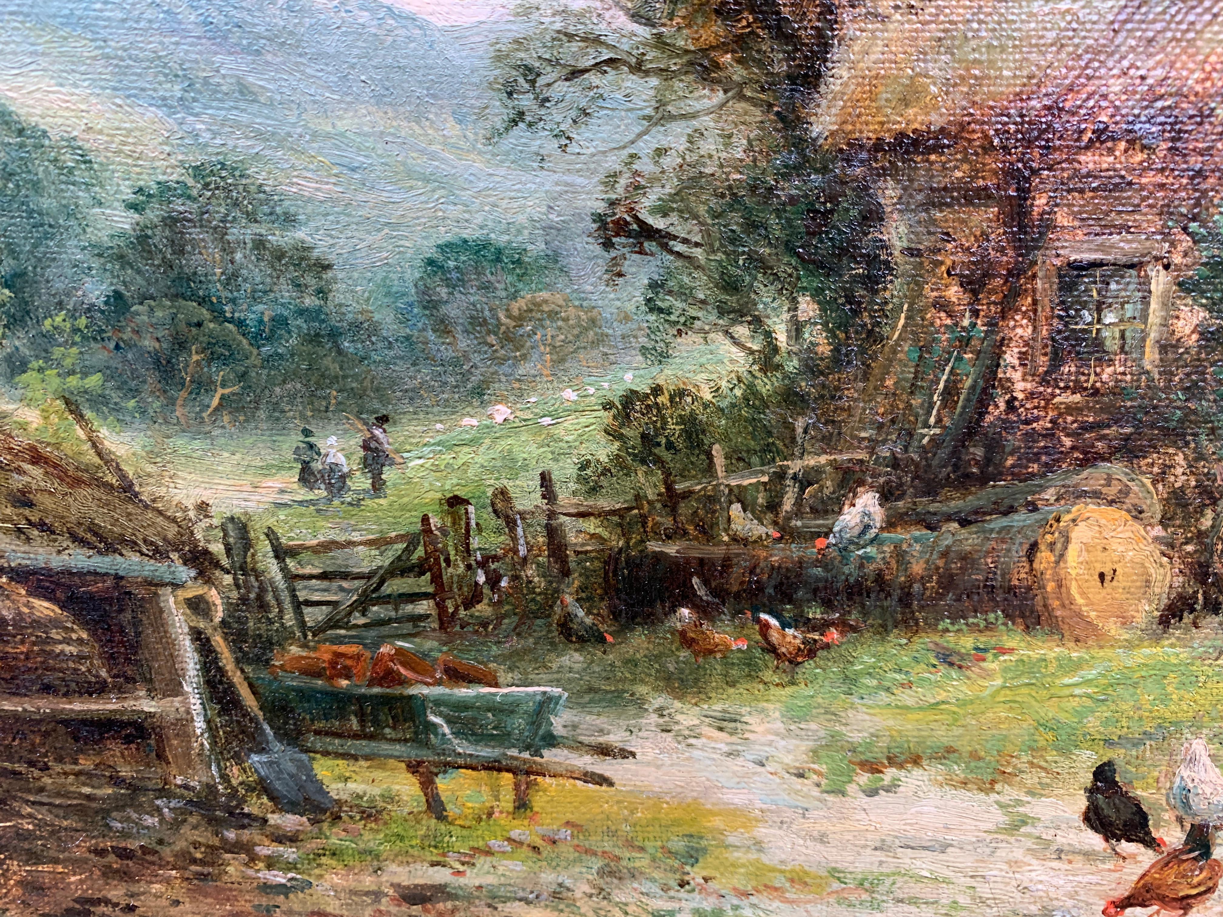 Paysage de cottage anglais du 19ème siècle avec mère et enfant nourrissant des poulets en vente 4